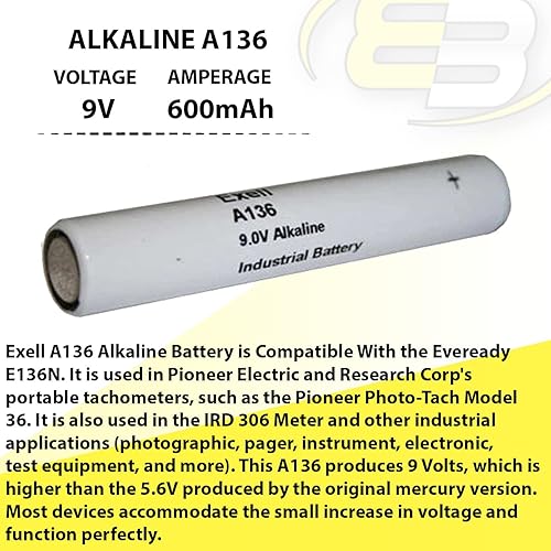 Miniatura 2 de Exell A136 - Batería alcalina de 9 V 6LR50, 6NR50, A136, EN136A, EXP136, H-P6, HM-6P, PC136A, TR136, TR136R, V136PX