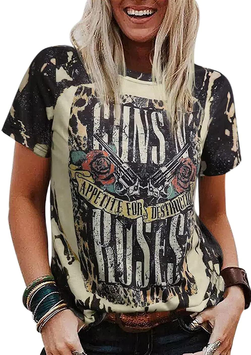 TOWNOWNWomen Rock Music Bleached T Shirt Retro Graphic Concert Tees Tops Funny Letter Print Short Sleeve Casual Shirt