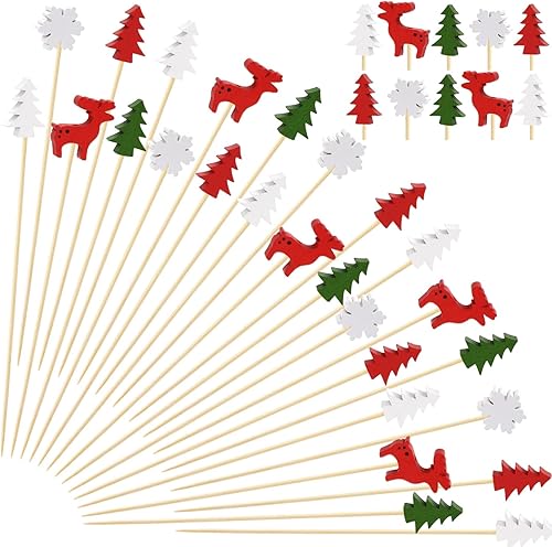 Whaline 200 palillos de cóctel de Navidad, varios palillos de dientes de bambú de Navidad, árbol de Navidad, copo de nieve, alce, brochetas largas