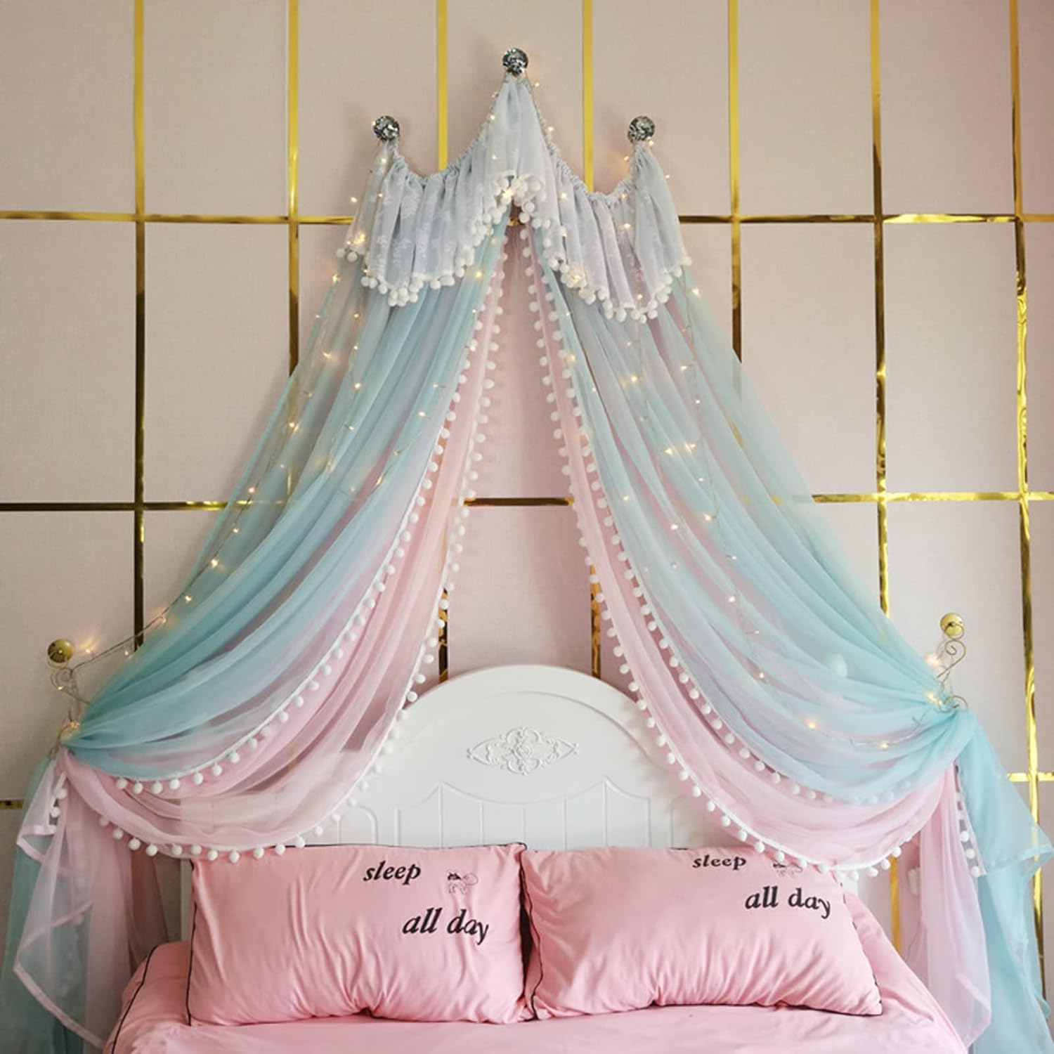 Mesh Bed Canopy, Bed Canopy for Girls, Princess Curtain, Double Layer Sheer Mesh Dome Bed Curtain, Round Lace Princess Mosquito Net Tent (Color : E)