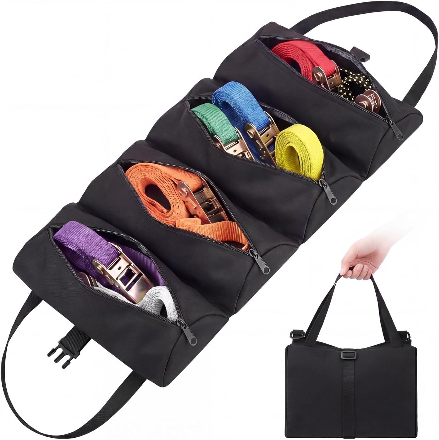Hsei 18.5 x 11 Inch Ratchet Strap Organizer Bag, Heavy Duty Oxford Cloth Tie Down Storage Tool Bag Holds 8 Ratchet Straps for Cargo Tie Downs, Bungee Cords & Tow Ropes, Portable Garage Organizer