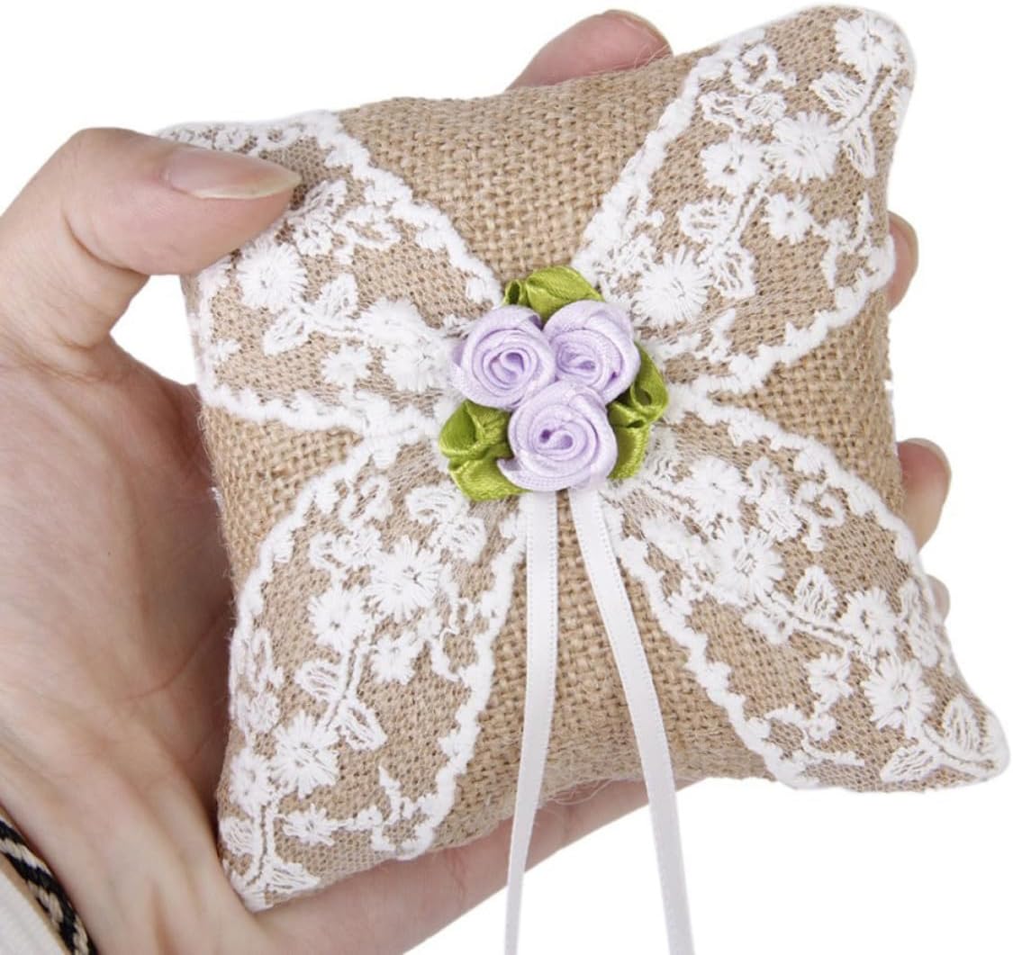 Rustic Wedding Ring Bearer Pillow Burlap Lace Flower 10cm