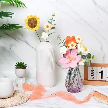 ASTNIC Crochet Flowers Bouquet, Handmade Knitted Flower Bouquet Tulip Sunflower Rose Mother's Day Anniversary Birthday Valentines Knitting Gifts for Mother Women Friends (Orange)