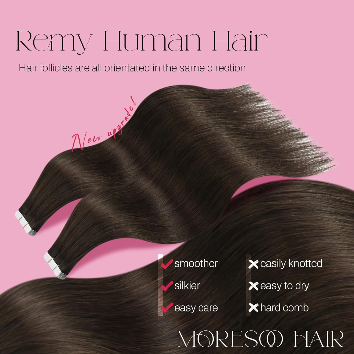 Moresoo Brown Tape in Hair Extensions Human Hair Dark Brown Glue in Human Hair Extensions Invisible Tape in Real Silky Straight Hair #4 20pcs 50g 16 Inch