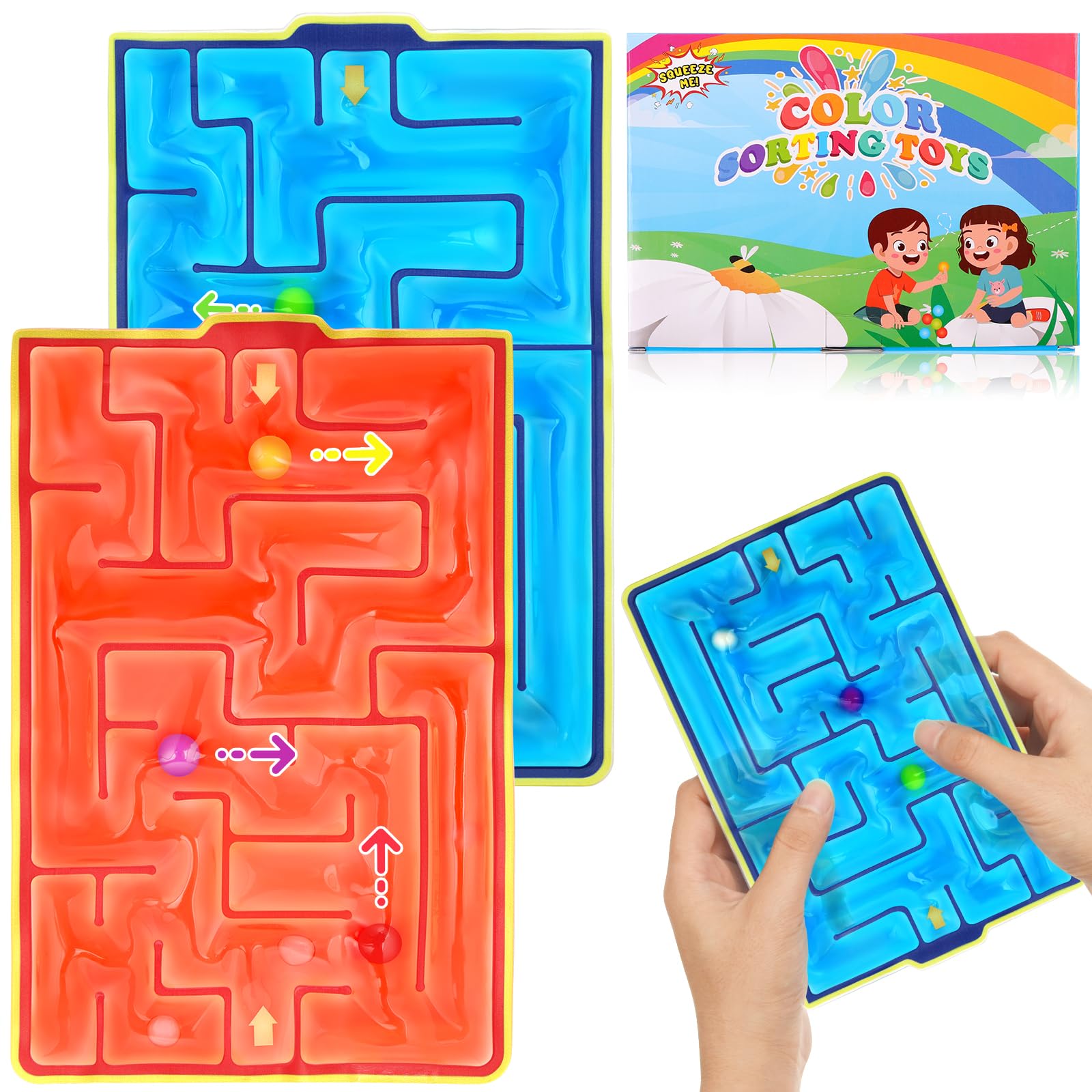 Ainiv 2 Pack Maze Sensory Toys, Fidget Toys for Anxiety, Squishy Fidget Toys for Kids Adults, Autism Sensory Toys, Gel Filled Relief Toy Special Needs Developmental Toys(Maze Type Red & Blue)