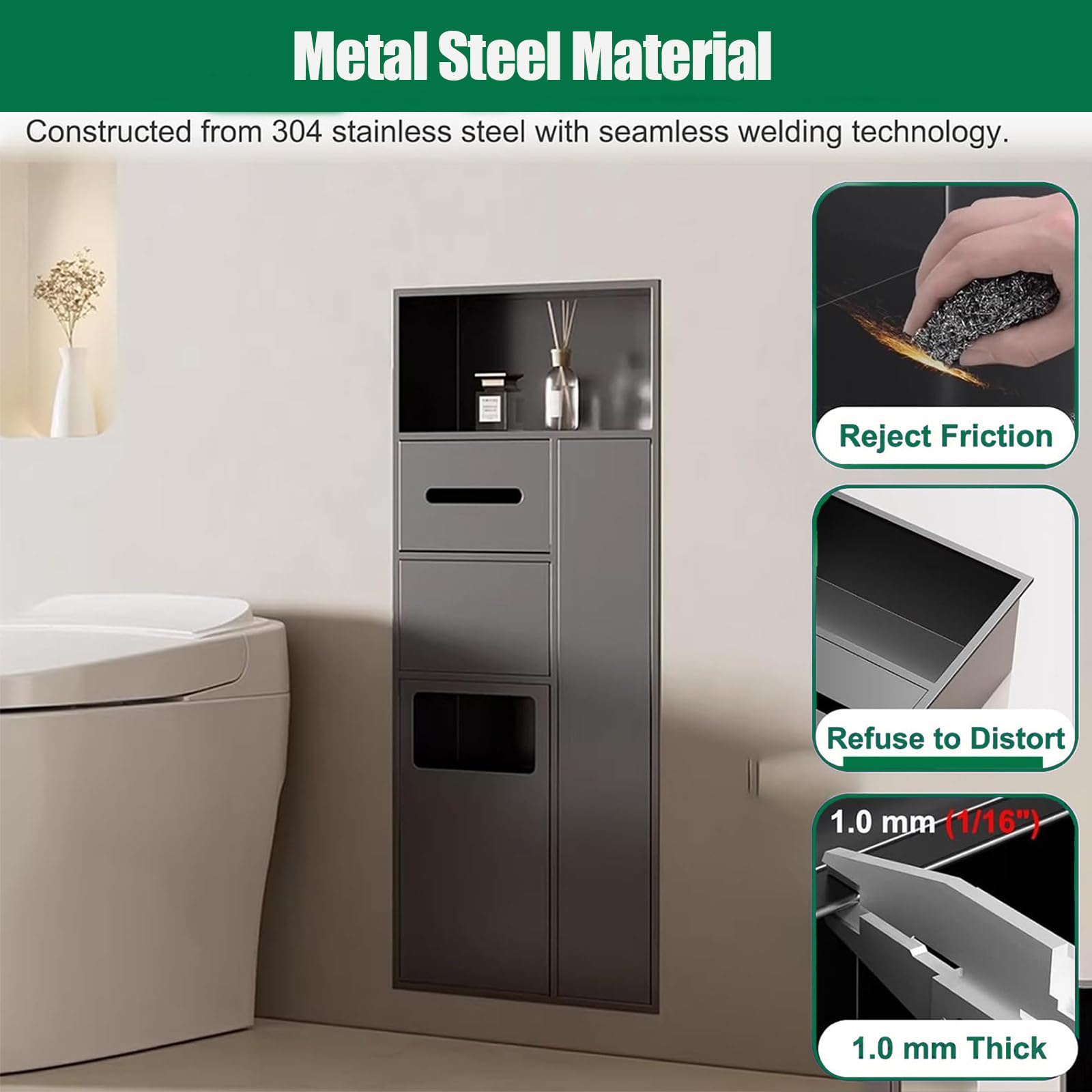 Dispensador de toallas de papel empotrado con cubo de basura y almacenamiento, dispensador de toallas de mano con gabinete de cepillo de inodoro para baño comercial de hotel, acero inoxidable