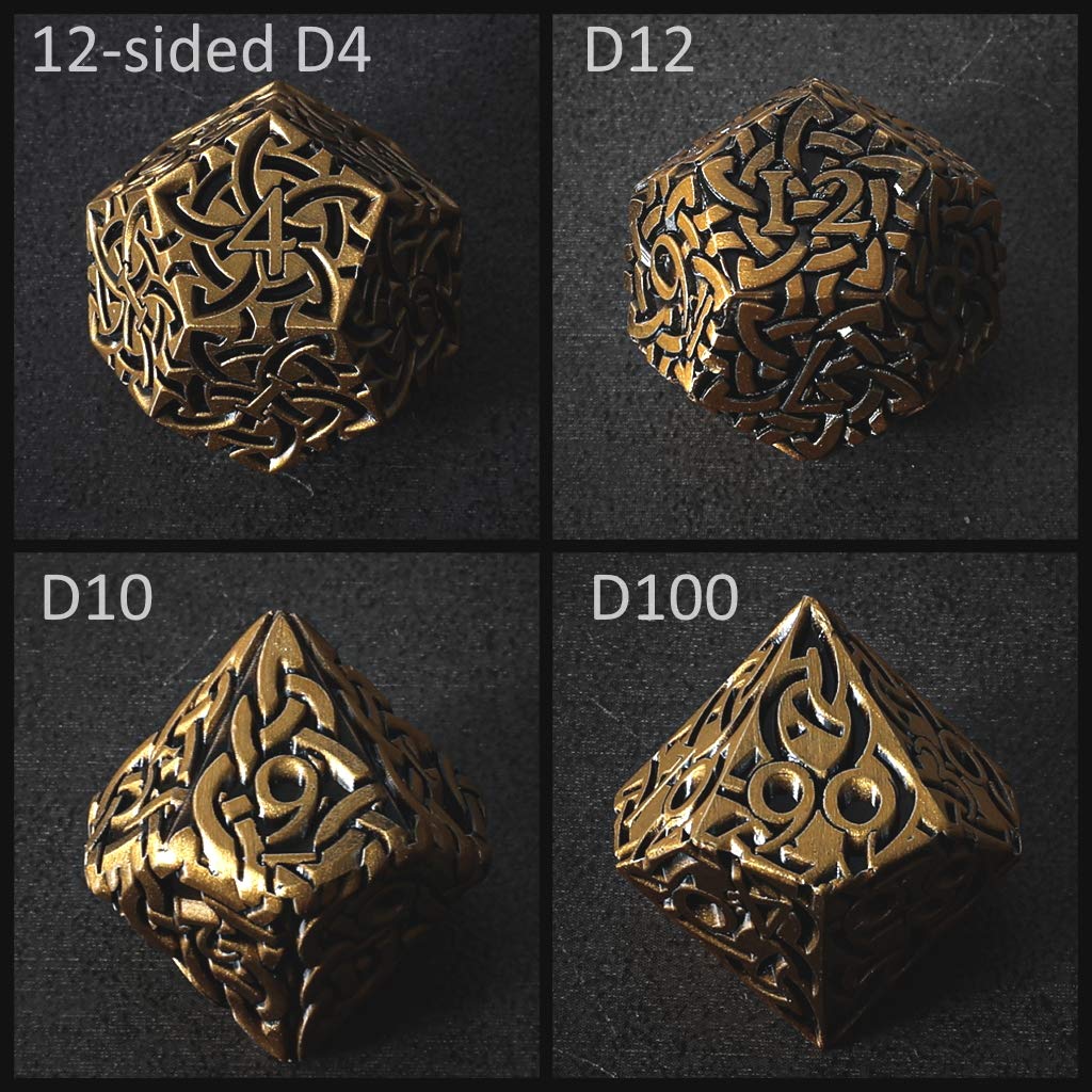 Lot de 7 dés en métal polyédrique doré antique avec nœuds celtiques extra lourds et grands pour DND DnD5e TTRPG Dés RPG de table Magicien Moine Paladin Clerc Artificateur Dés