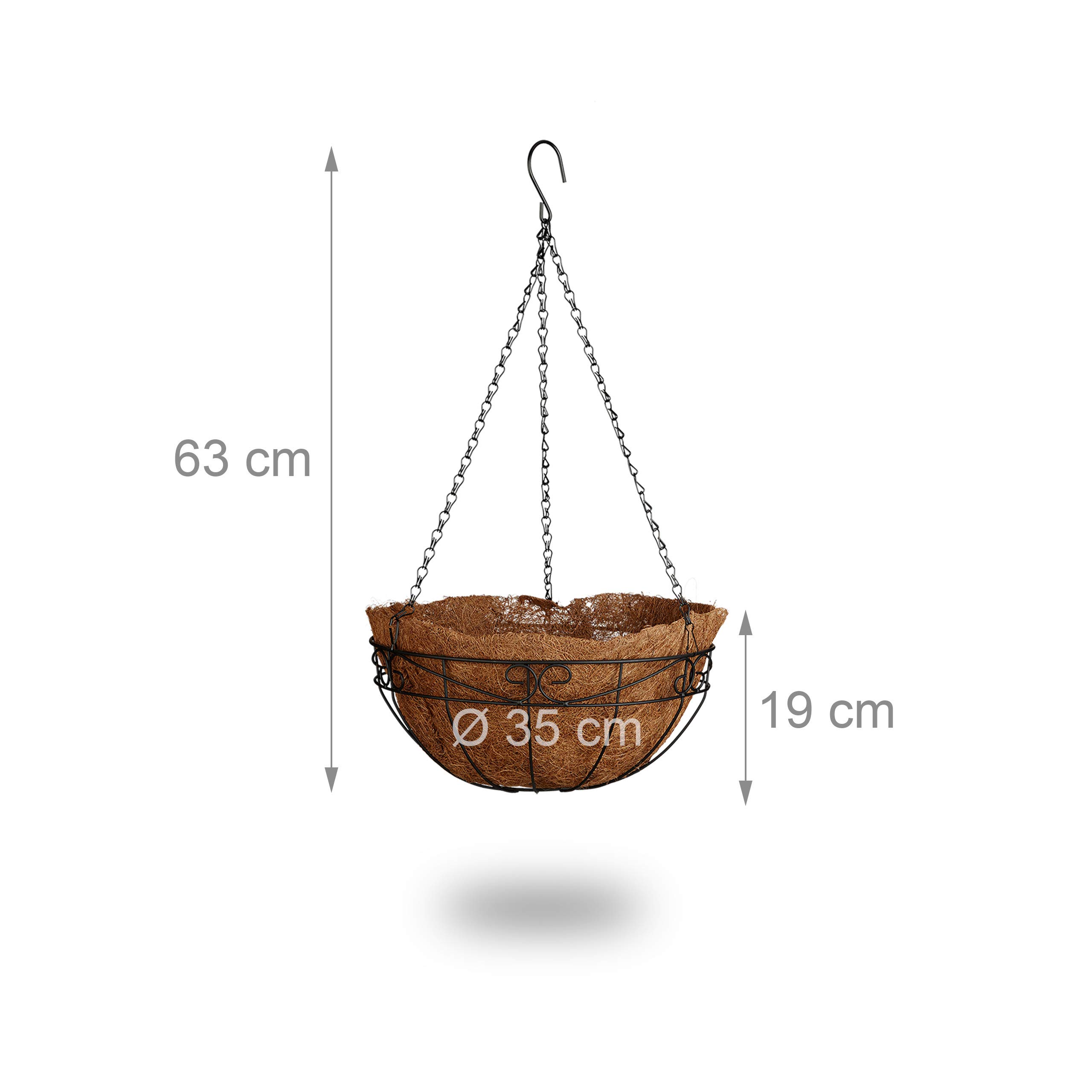Relaxdays Pot de fleurs suspendu panier plantes coco lot de 3 avec chaîne 33 litres de volume 35 cm diamètre, marron