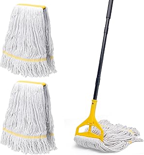 Industrial Wet Cotton Mop with 59" Long Handle and 3 XL Looped-End Replacement Heads