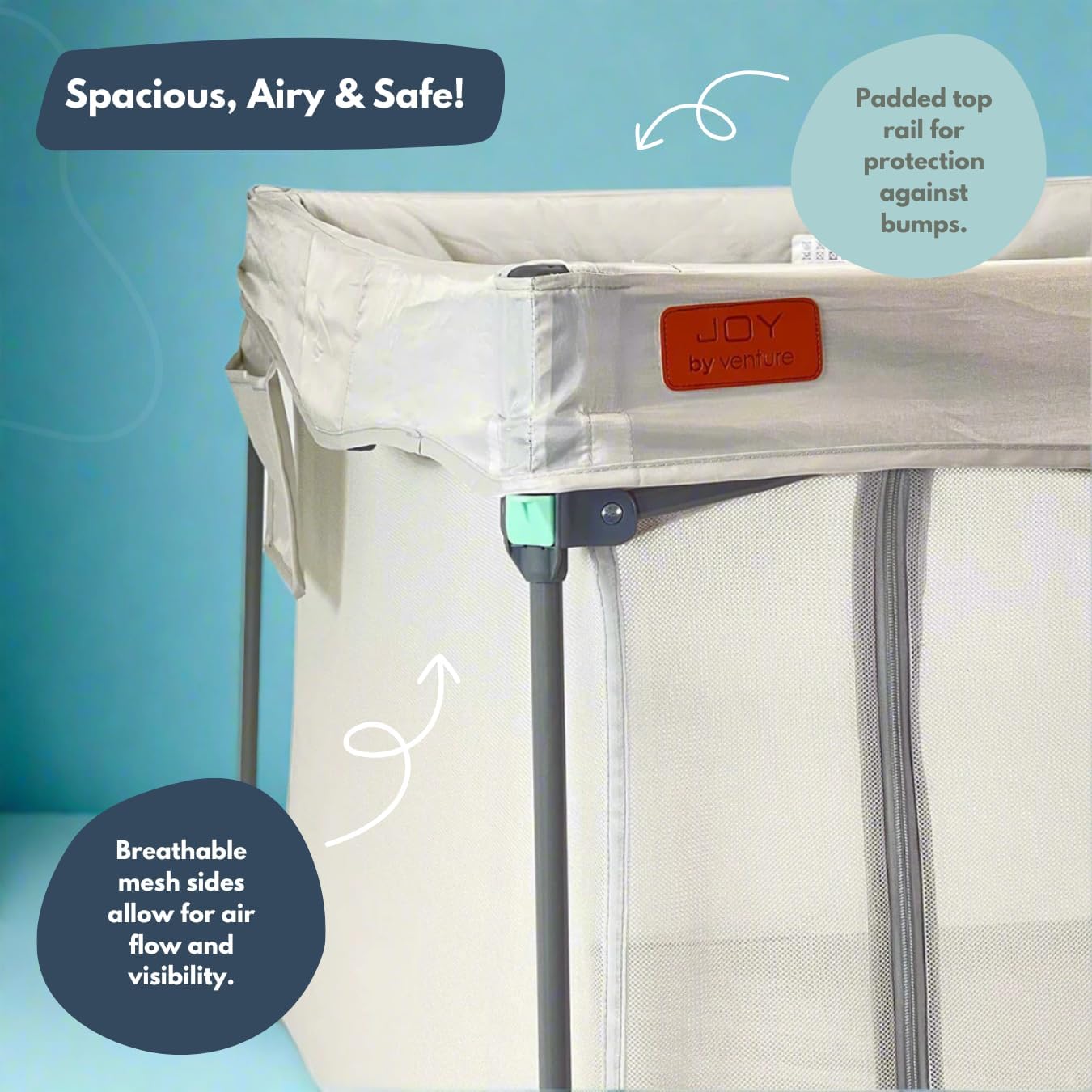 Close-up of the playpen's padded top rail and breathable mesh sides.