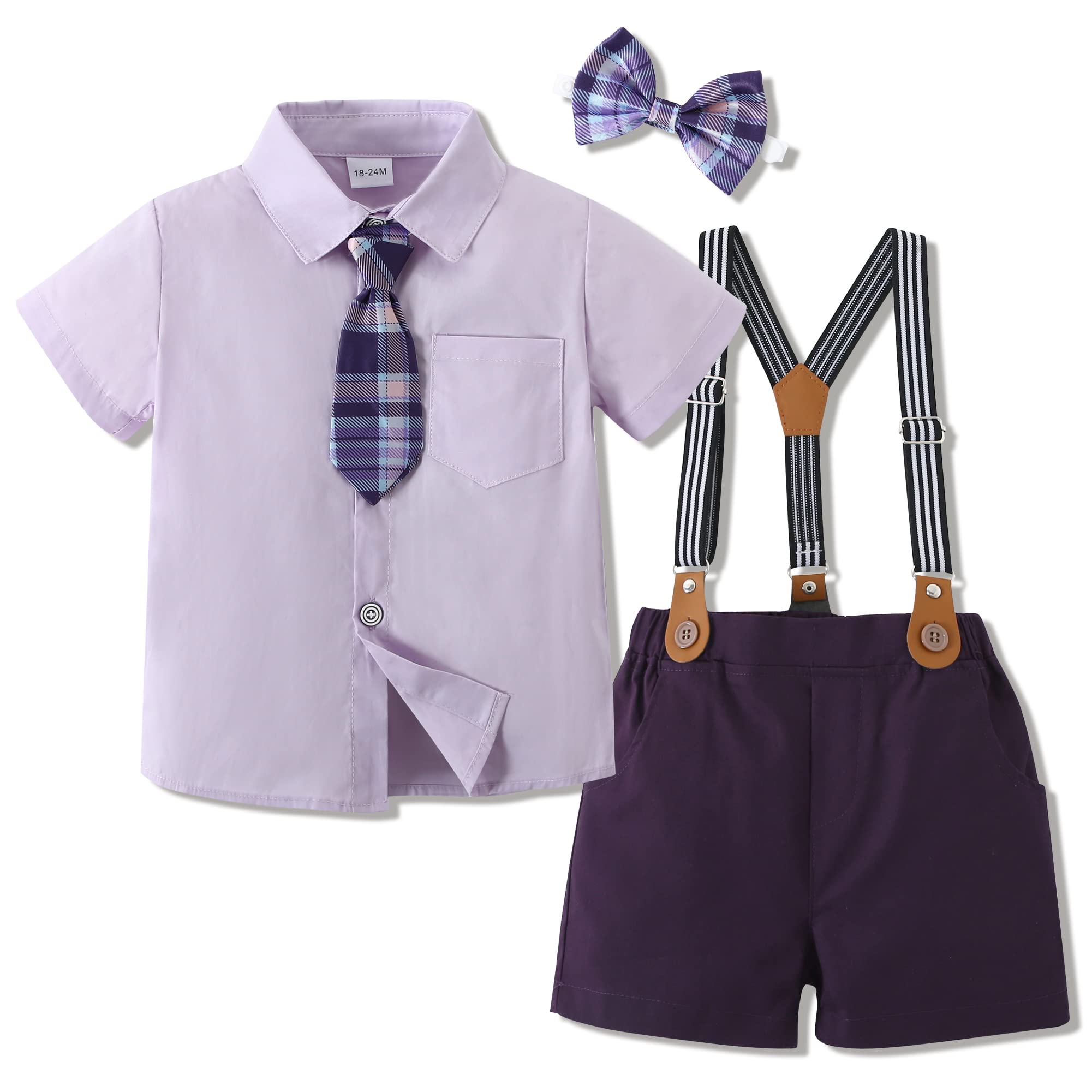 WESIDOM Baby Boy Formal Short Set Toddler Boy Summer Clothes Gentleman Outfit Purple Shirt Short Sleeve Bowtie Suits 12-18 Months