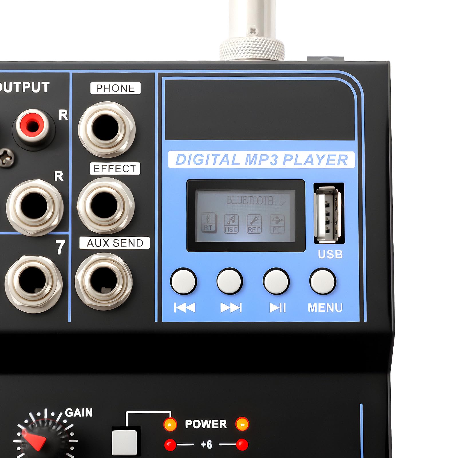 Mesa mezcladora de 7 canales, consola de audio, mezclador de karaoke, Bluetooth, Phantom 48V, ecualizador de 3 bandas, monitor de auriculares, metal, karaoke casa, streaming en vivo, estudio grabación