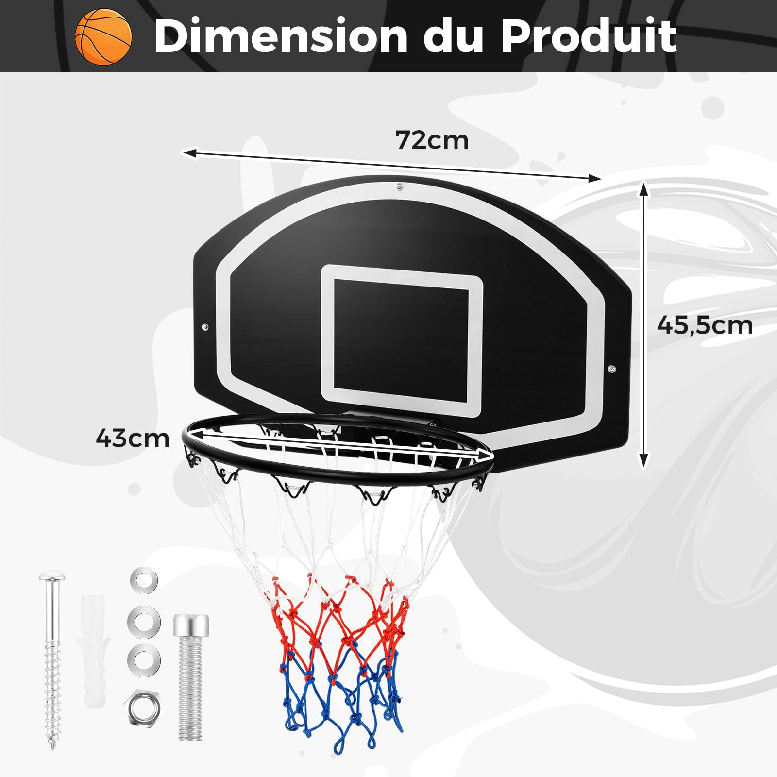 COSTWAY Panier de Basket Mural 43 cm avec Panneau Incassable, Panier Basket-Ball avec Filet Toutes Saisons Accessoires Complets, pour Enfants Adolescents Adultes, 72 x 45,5 cm, Noir+Blanc