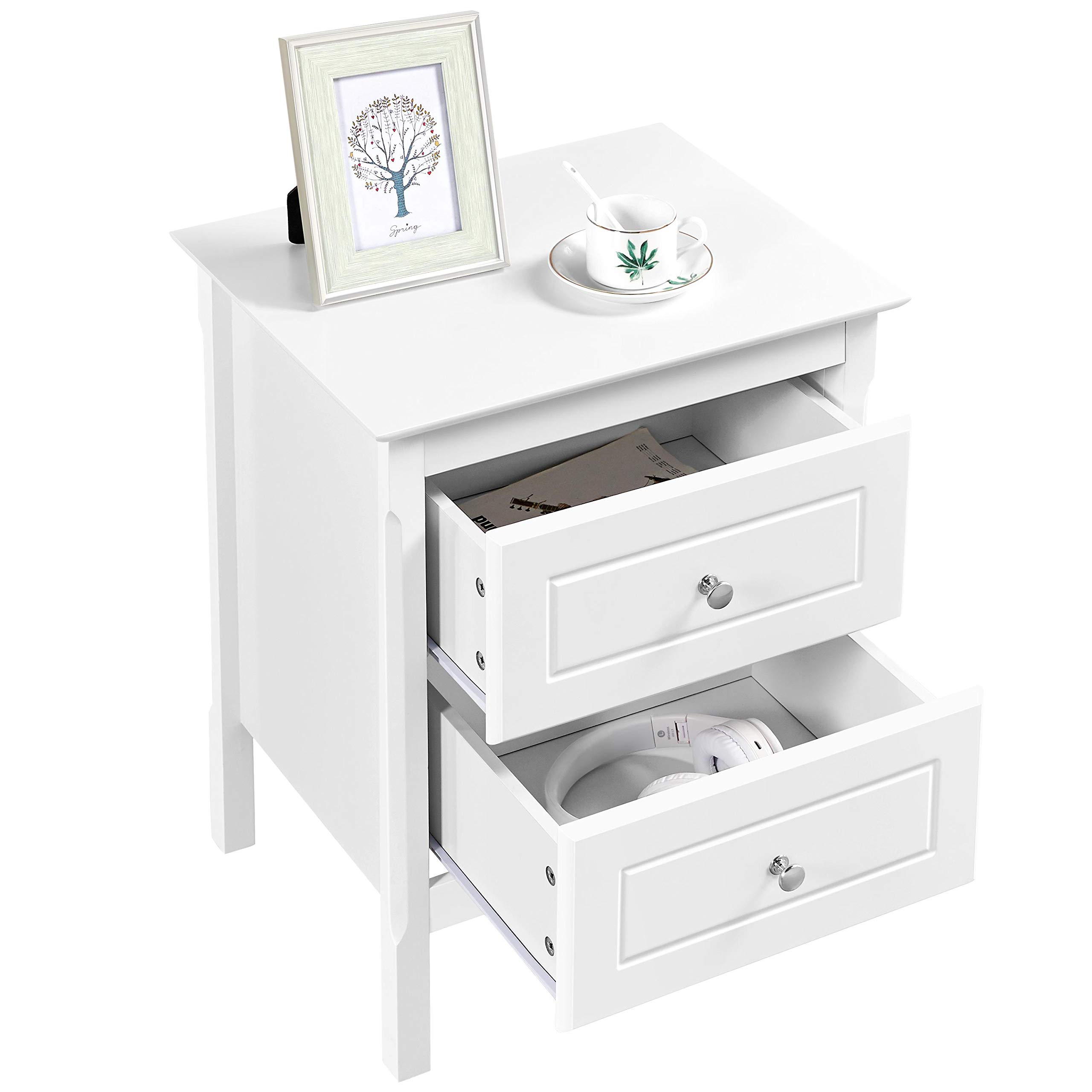 Yaheetech Mesita de Noche Blanca con 2 Cajones Grandes Mesilla de Noche para Dormitorio 48x40x61cm Cajonera de Estilo Vintage