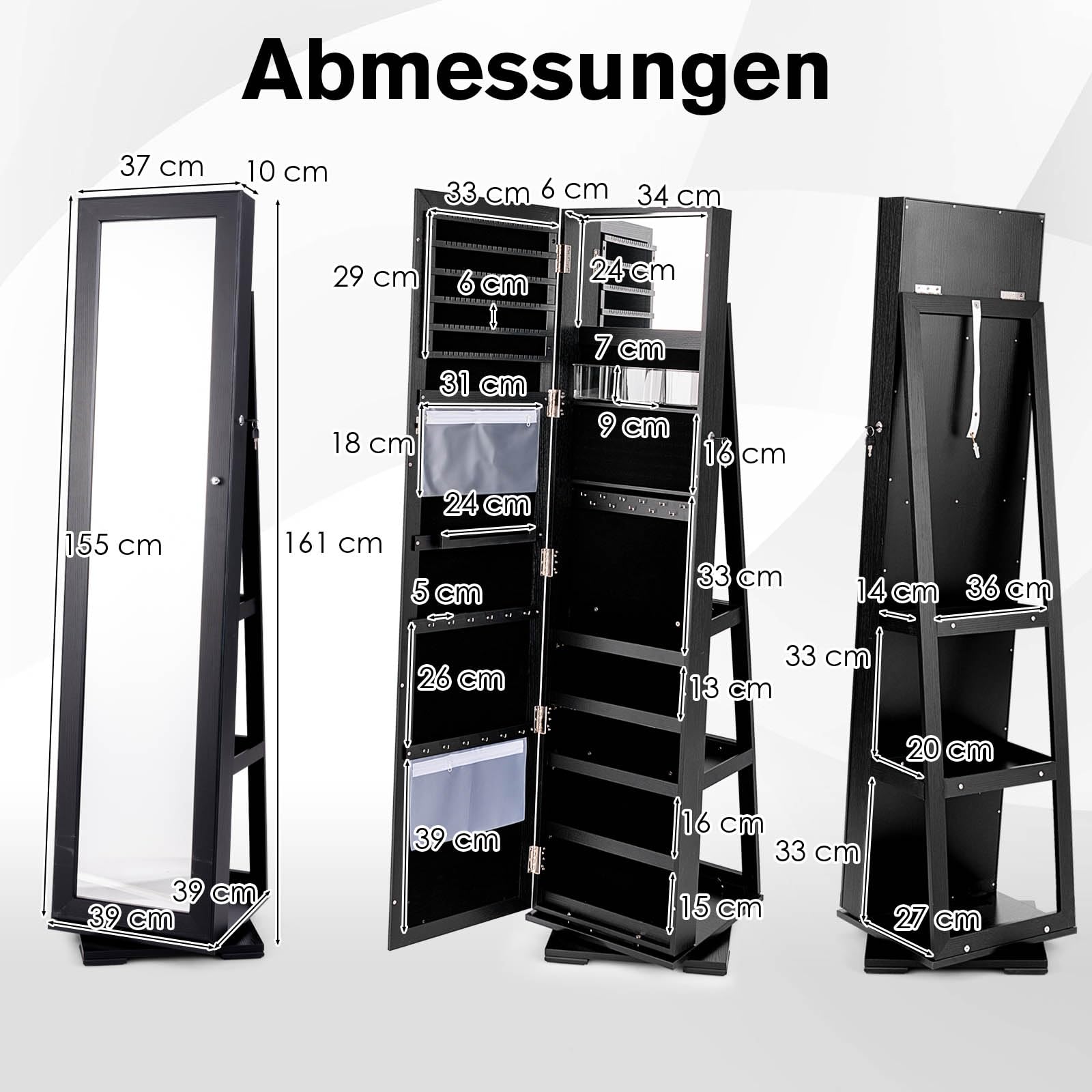 RELAX4LIFE 3-in-1 Schmuckschrank drehbar, mit Ganzkörperspiegel & eingebautem kleinen Spiegel, Spiegelschrank & Schmuckregal, Schrank für Schmuckaufbewahrung, abschließbar (Schwarz)