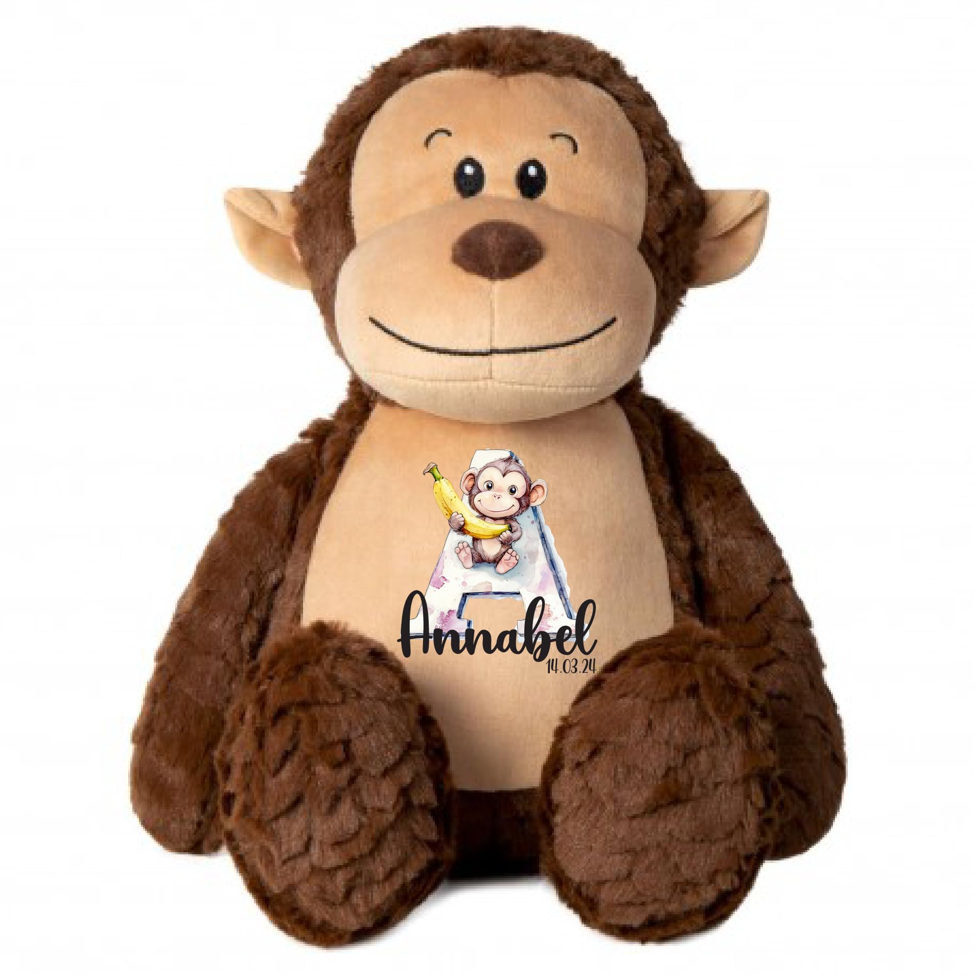 Crafted Memories - Personalised Monkey Teddy Bear with Custom Name And Initial, Cute Stuffed Animal Gift for Children, Custom Monkey Plush Toy Letter Design 40cm Tall, Birthday Keepsake Toy