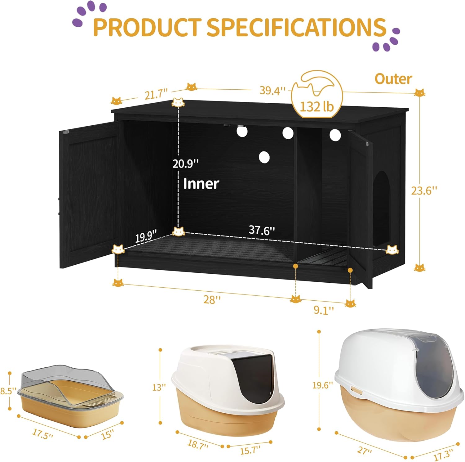 Hzuaneri Cat Litter Box Enclosure with Cushion, Hidden Litter Box Furniture with Removable Dividers, Reversible Entrance Left or Right Side, Cat House, Black CB84704X