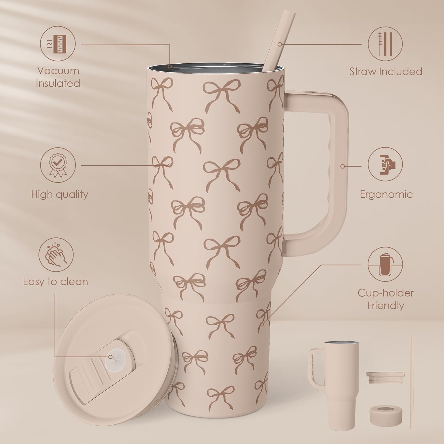 Bow Tumbler with Handle and Straw 40oz – Stainless Sleel Slider Tumbler Travel Coffee Mug for Women - Gift Idea for Birthday Christmas - Image 2