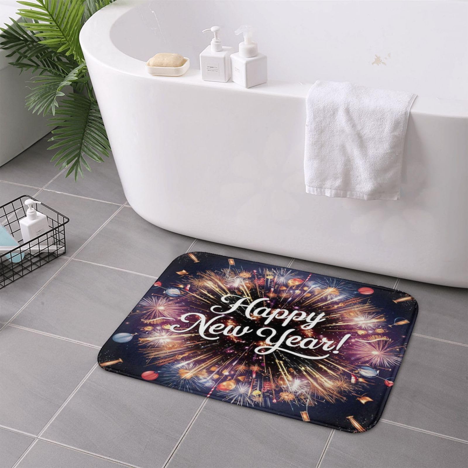 Firework Explosionwhite Cursive Balloons Decor Happy New Year Polyester Thin Door Mat Indoor Entrance Non Slip Rubber Backed Washable Dirt Trapper Mat 24X16Inch