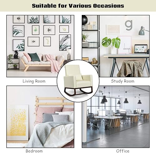 Miniatura 6 de Giantex Mecedora de tela con respaldo alto y almohada para la cintura, de madera, cónica y mecedora de dos patas, silla tapizada multifuncional para