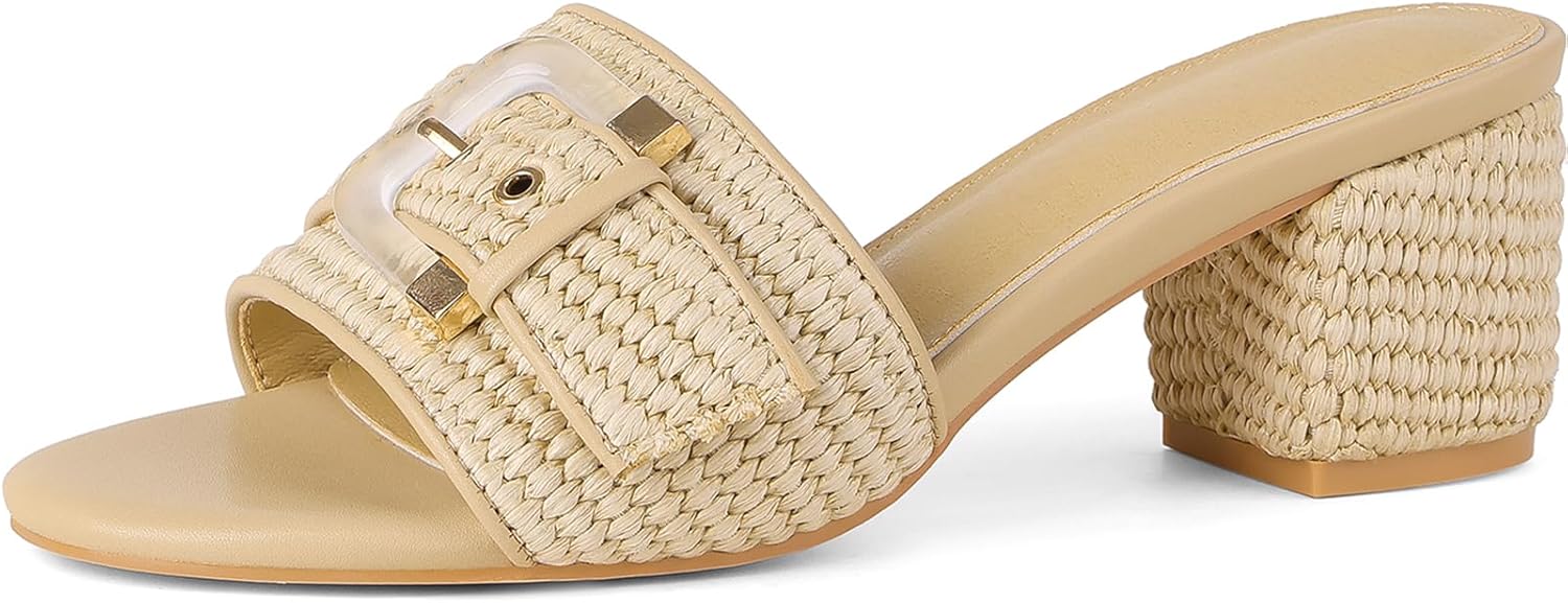 Women’s Raffia Heeled Sandals Low Block Chunky Heel Sandals Open Toe Buckle Strap Beach Slip on Mules Summer Vacation Casual Dressy Shoes