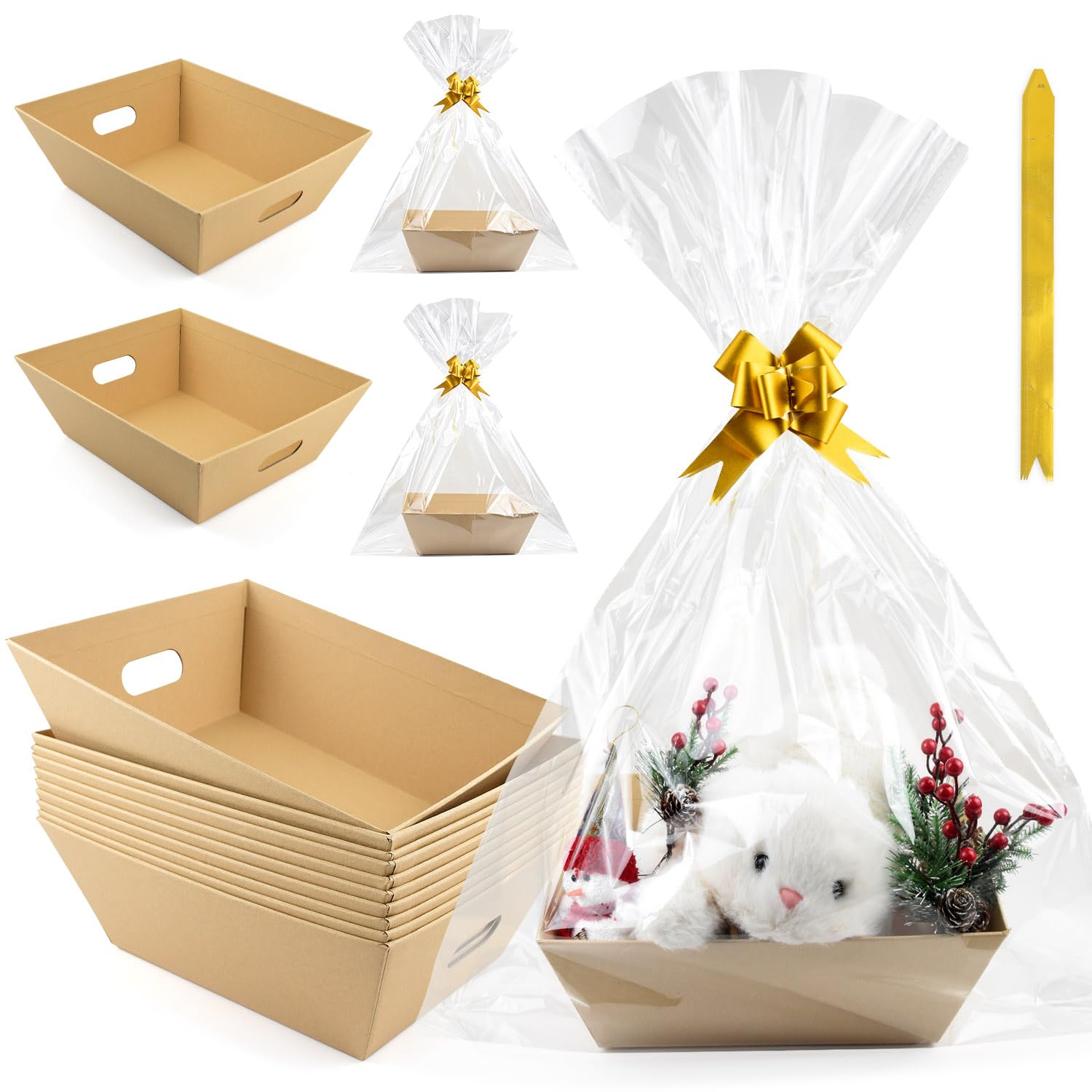 Photo 1 of 10PACK Empty Gift Basket Set, 11.8x9.8” Thick Kraft Market Tray Gift Basket with 10 Bows 10 Bags Empty Gift Baskets for Christmas Thanksgiving Valentine Easter Wedding Birthday Party Gift Wrapping (Kraft)