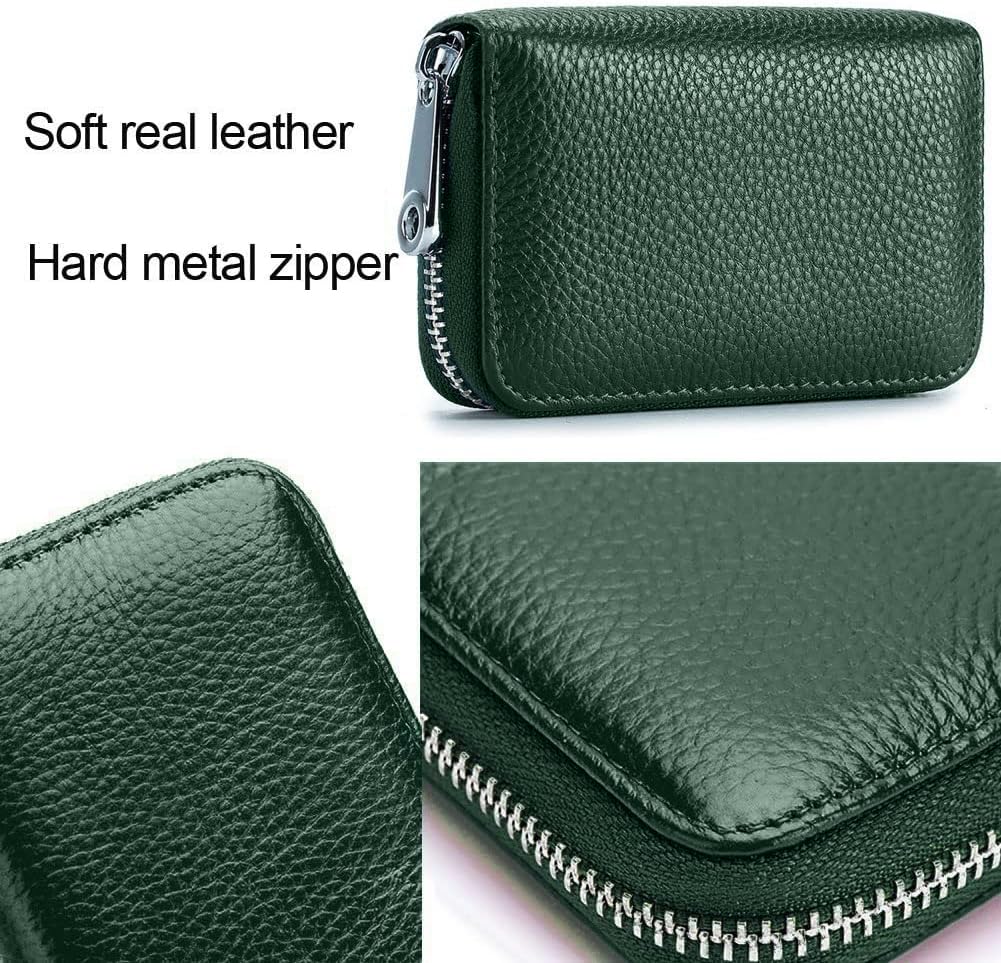 VOGARD RFID Blocking Leather Card Holder for Men & Women | 12 Card Slots, 2 Cash Pockets | Zip Around Compact Design | Genuine Leather Credit Card Holder (Green)