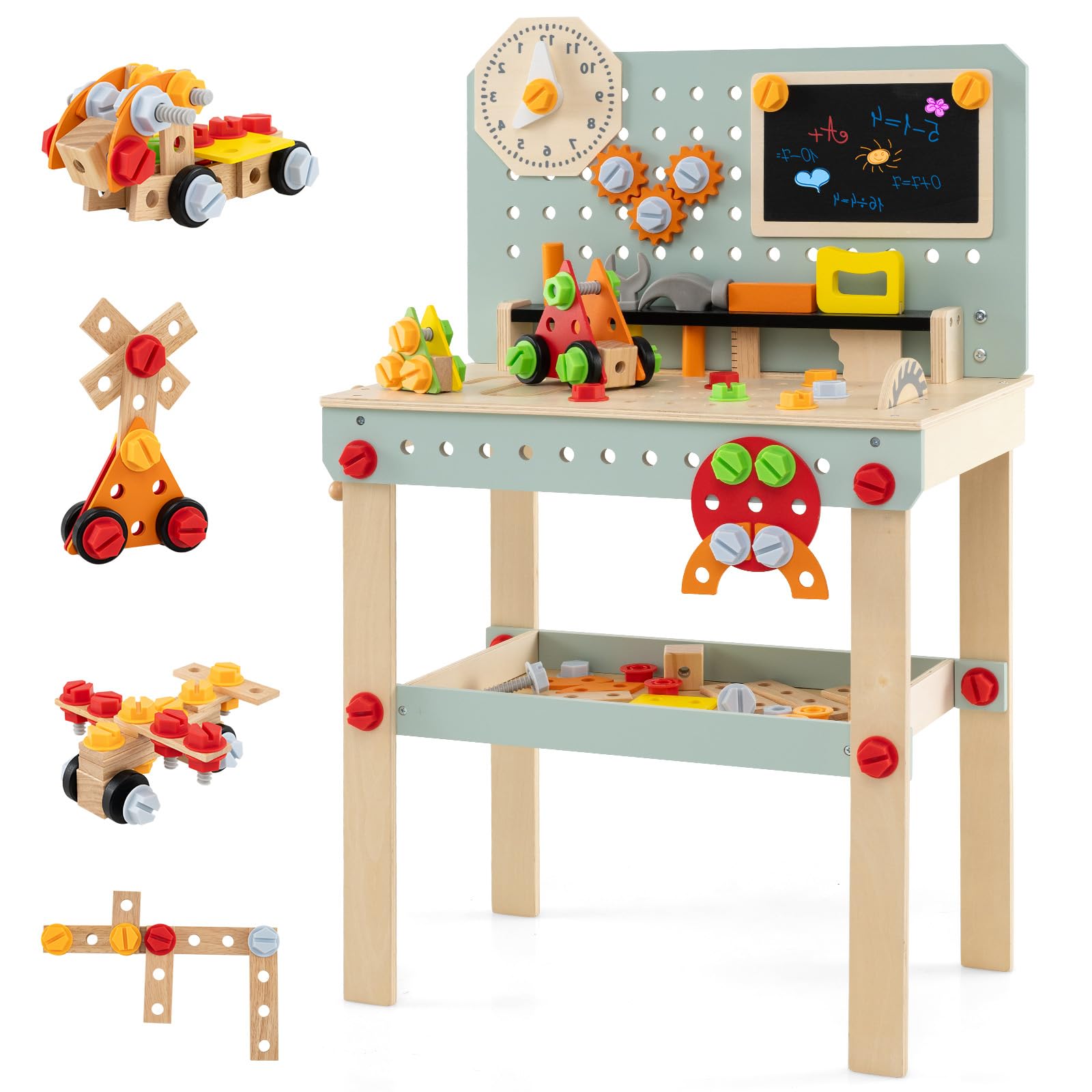 HOMASIS Banco Herramientas de Madera Juguete, Taller Mecanico Montessori con Juego de Herramientas y Espacio de Almacenamiento, Regalo Manualidades y Educativo para Niños y Niñas de 3+ Años