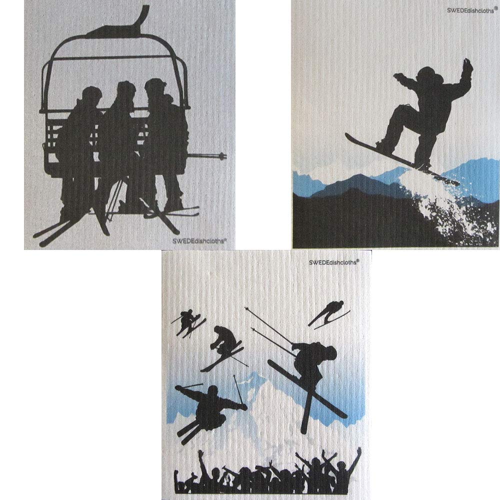 Winter Sports Set of 3 Cloths One of Each Design Swedish Dishcloths ECO Friendly Absorbent Cleaning Cloth Reusable