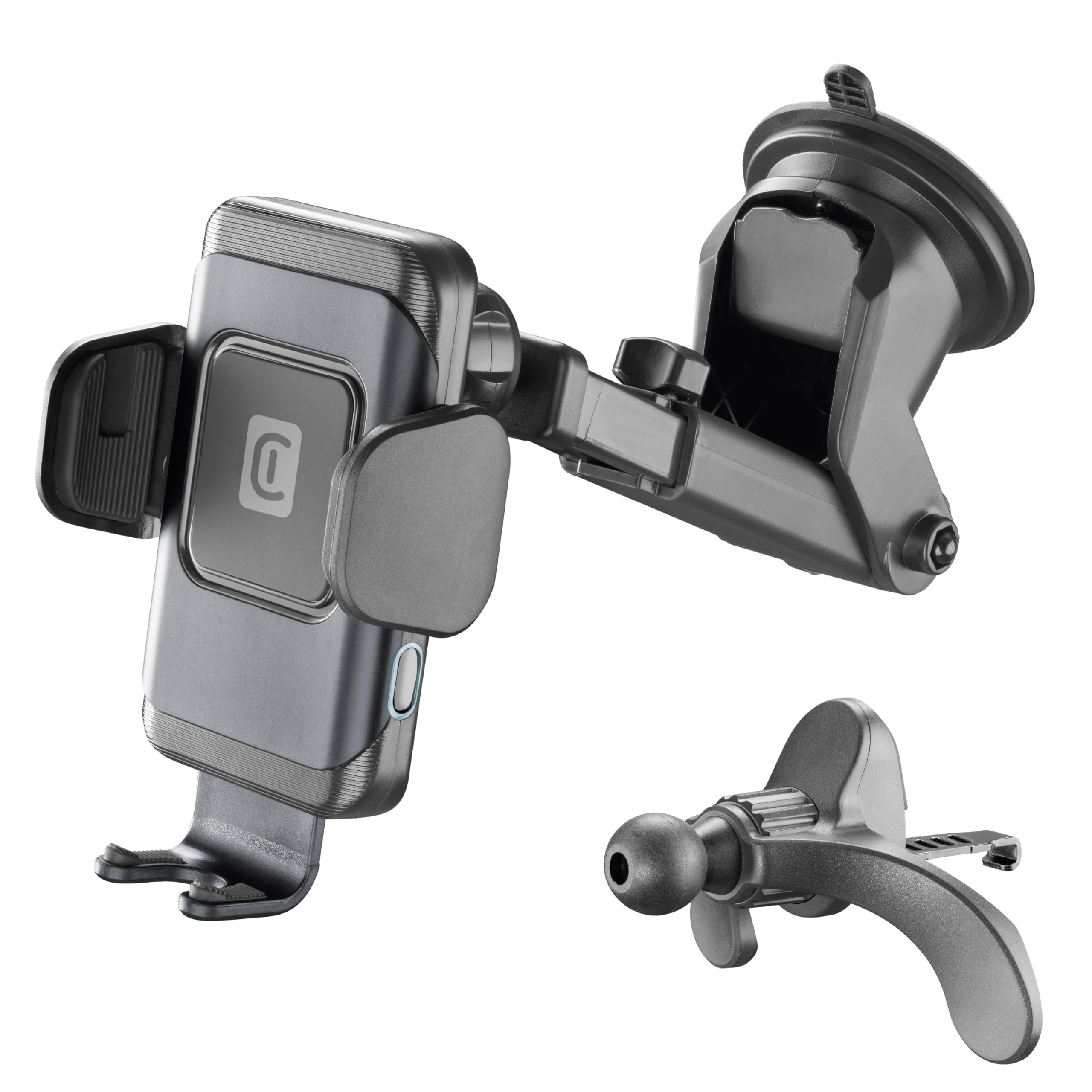 Cellularline | Hug Air 15 | Supporto Smartphone da Auto Carica Wireless Qi - Apertura e Chiusura Automatica – Doppio Attacco Ventosa per Cruscotto e Gancio per Alette Aerazione – Output 10W