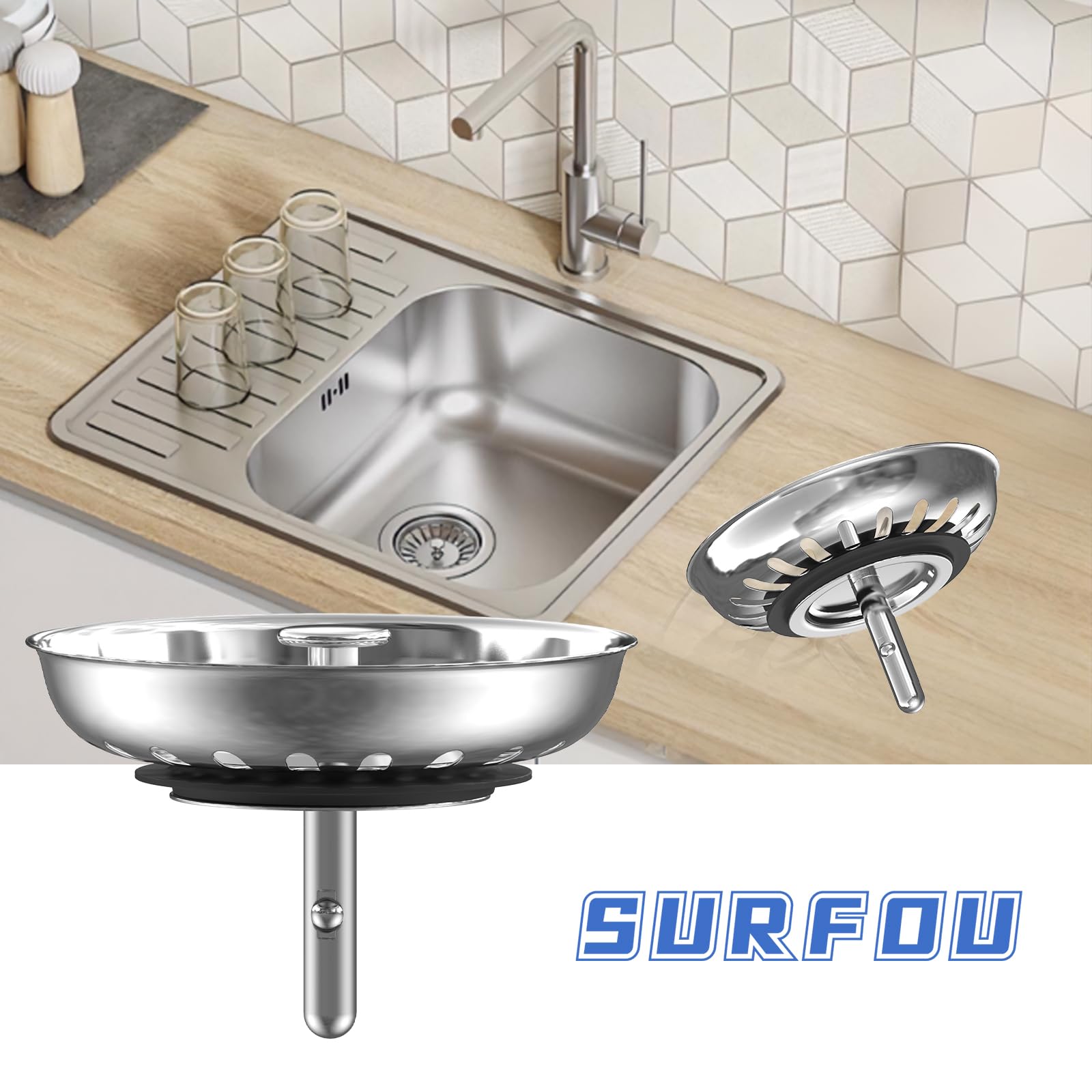 SURFOU Tappo Lavandino Cucina 79mm in Acciaio Inox, Filtro per Lavello, 2 Perni Eccentrici Regolabile e 1 Perno in Inossidabile, Accessori Universali per Scarico Tappi piletta
