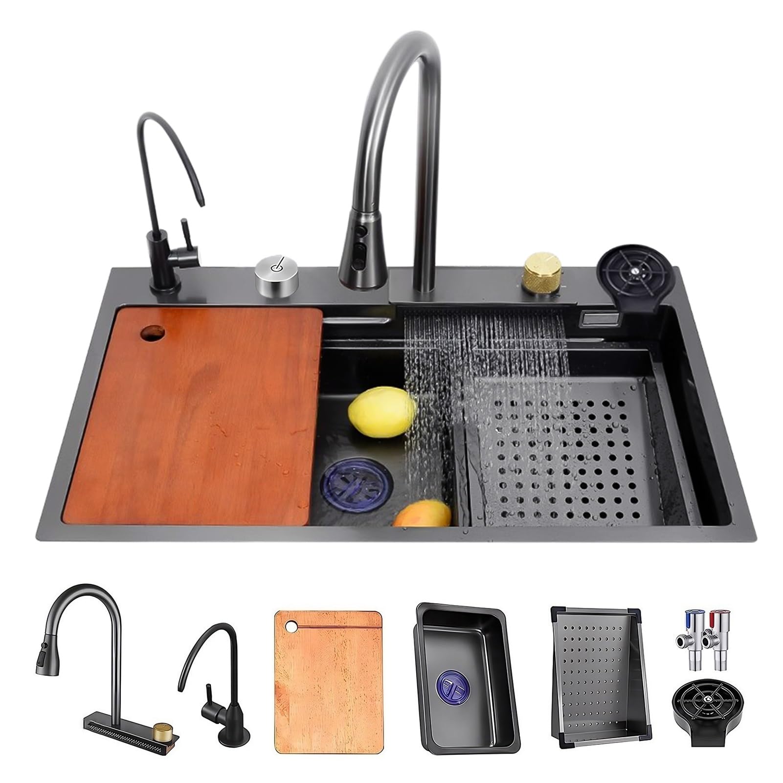 WIQUYBML Large Waterfall Kitchen Sink With Pull Out Faucet, Cup Washer, Drain Accessories, Stainless Steel Workstation Sink, Single Bowl Bar RV For Drop In & Undermount (Size : 80x45x21cm)
