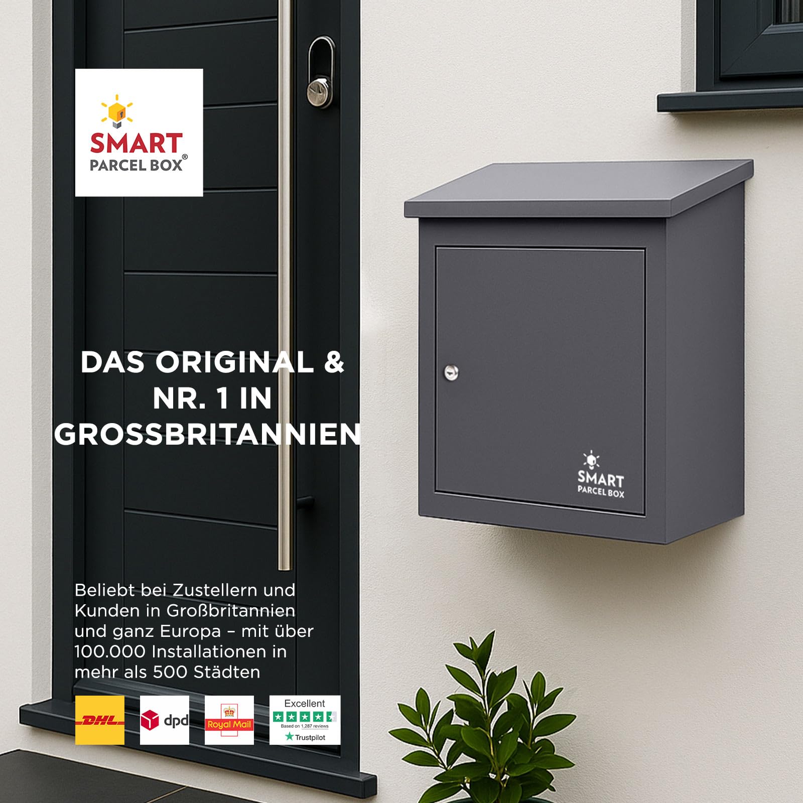Smart Parcel Box Paketbox M - Paketbriefkasten wetterfest, grau | Postbox für Pakete outdoor, Paketbox draußen, Wandmontage, Front-Entnahme, verzinkter Stahl, rostfrei, pulverbeschichtet
