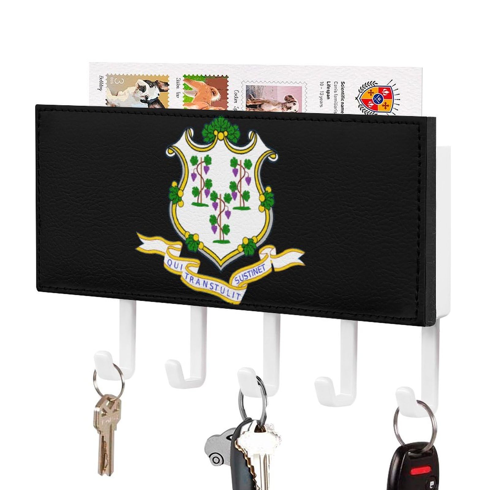 NCLQVJXZKHW Connecticut Flag Key Holder with 5 Hooks Key Hooks Wall Mounted Key Racks Key Hanger Organiser Shelf