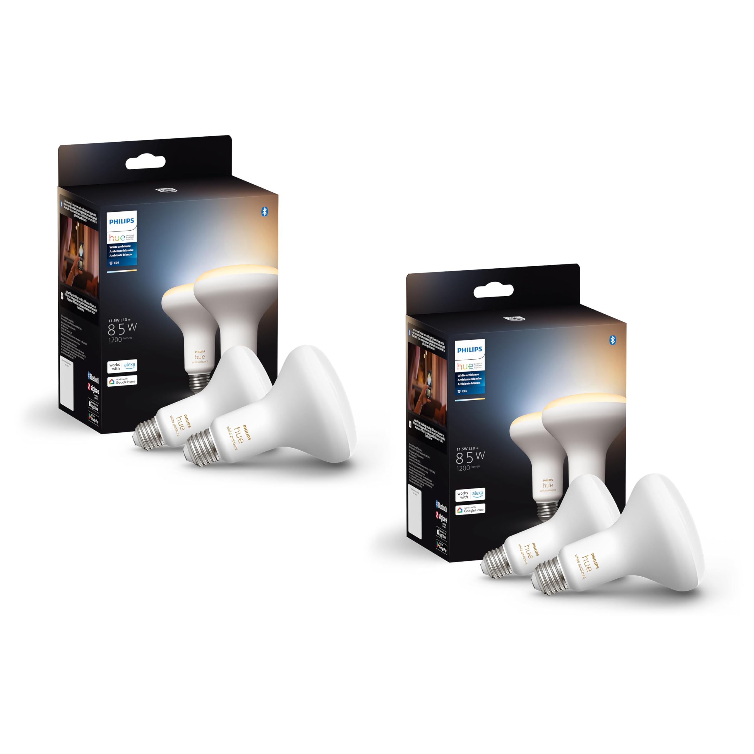 Philips Hue BR30 85W Smart LED Light Bulbs - White Ambiance - 4 Pack - 1200LM - E26 - Indoor - Control with App - Compatible with Alexa Google Assistant, and Apple Homekit