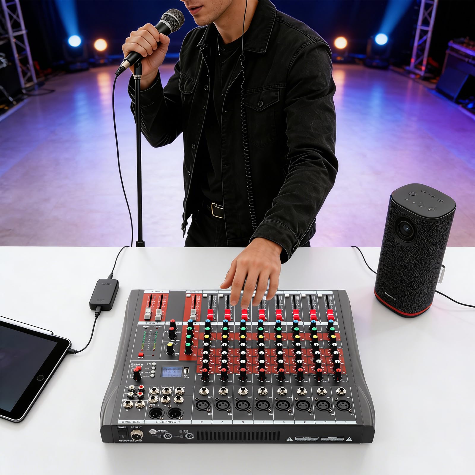 Mezclador de Audio Profesional 8 Canales Mesa de Sonido con Bluetooth Ecualizador de 3 Bandas (Agudos Medios Graves) Fader Rojo Efectos FX y Pantalla LED para Directo Estudio y Streaming