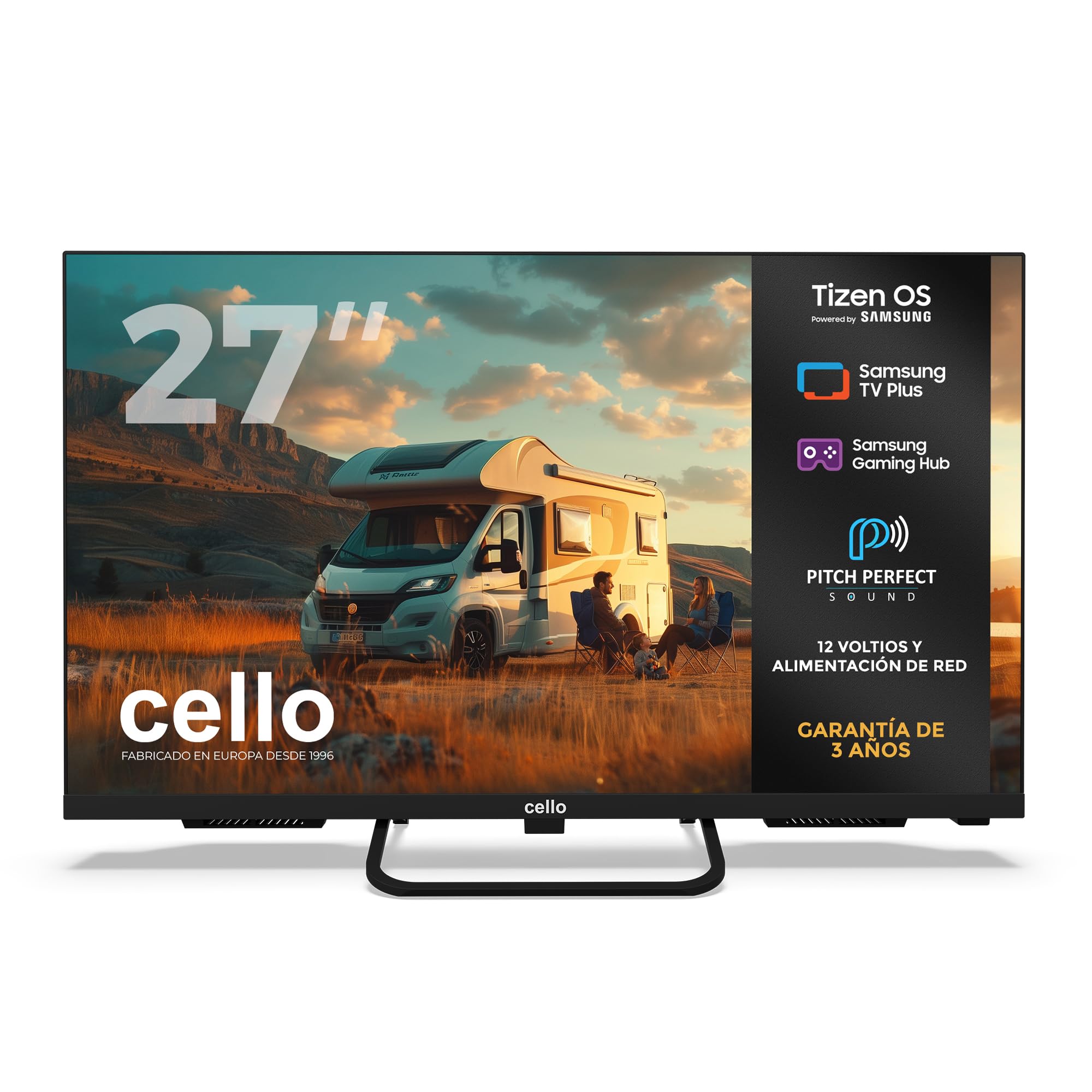 Cello CTRAV-27TZ TV Traveller Smart 12V de 27″ con Tizen OS de Samsung, recepción por satélite, Gaming Hub, Altavoces Pitch, Bluetooth, Ideal para autocaravanas y Barcos, Triple sintonizador