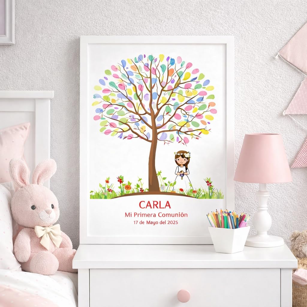 Cuadro Árbol de Huellas Comunión Niña Personalizado Vintage – Libro de Firmas Comunión con Tintas e Instrucciones – Regalo Comunión Original - Recuerdo Invitados