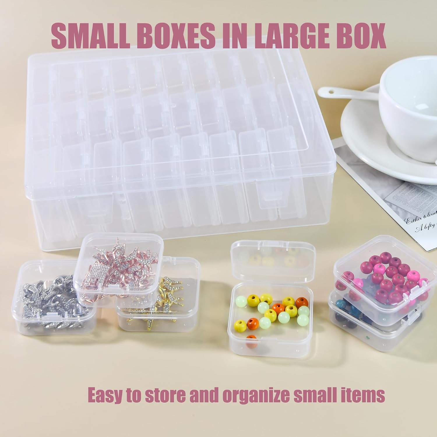 Bead Organizer Box with Hinged Lids - 31 PCS Clear Plastic Storage Containers for Jewelry Making, DIY Crafts, Nail Art, and Small Parts - Portable Craft Organizer for Beads, Threads (8.6" x 6.8")