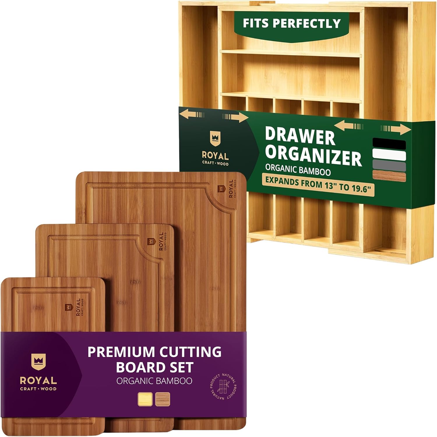 ROYAL CRAFT WOOD Brown Cutting Board Set for Kitchen Meal Prep & Serving with Natural Luxury Bamboo Kitchen Silverware Organizer