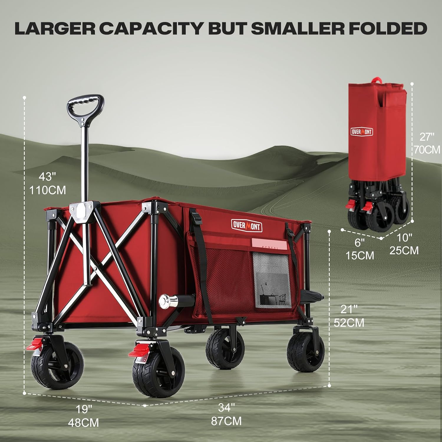 Overmont Collapsible Wagon Cart with Wheels - 180L Foldable Heavy Duty Wagon with Big All-Terrain Wheels - 360Lbs Weight Capacity with Side Pockets for Camping Sports Garden Grocery Shopping red