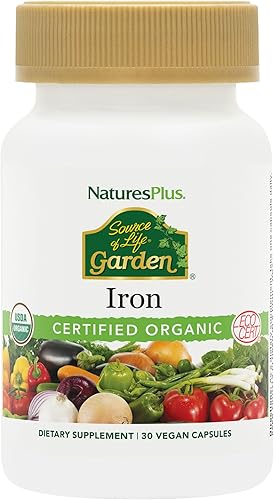 NaturesPlus Source of Life Garden Certified Organic Family Iron 18 mg Cap - 30 cápsulas veganas - Suplemento de hierro a base de plantas - Apoya la