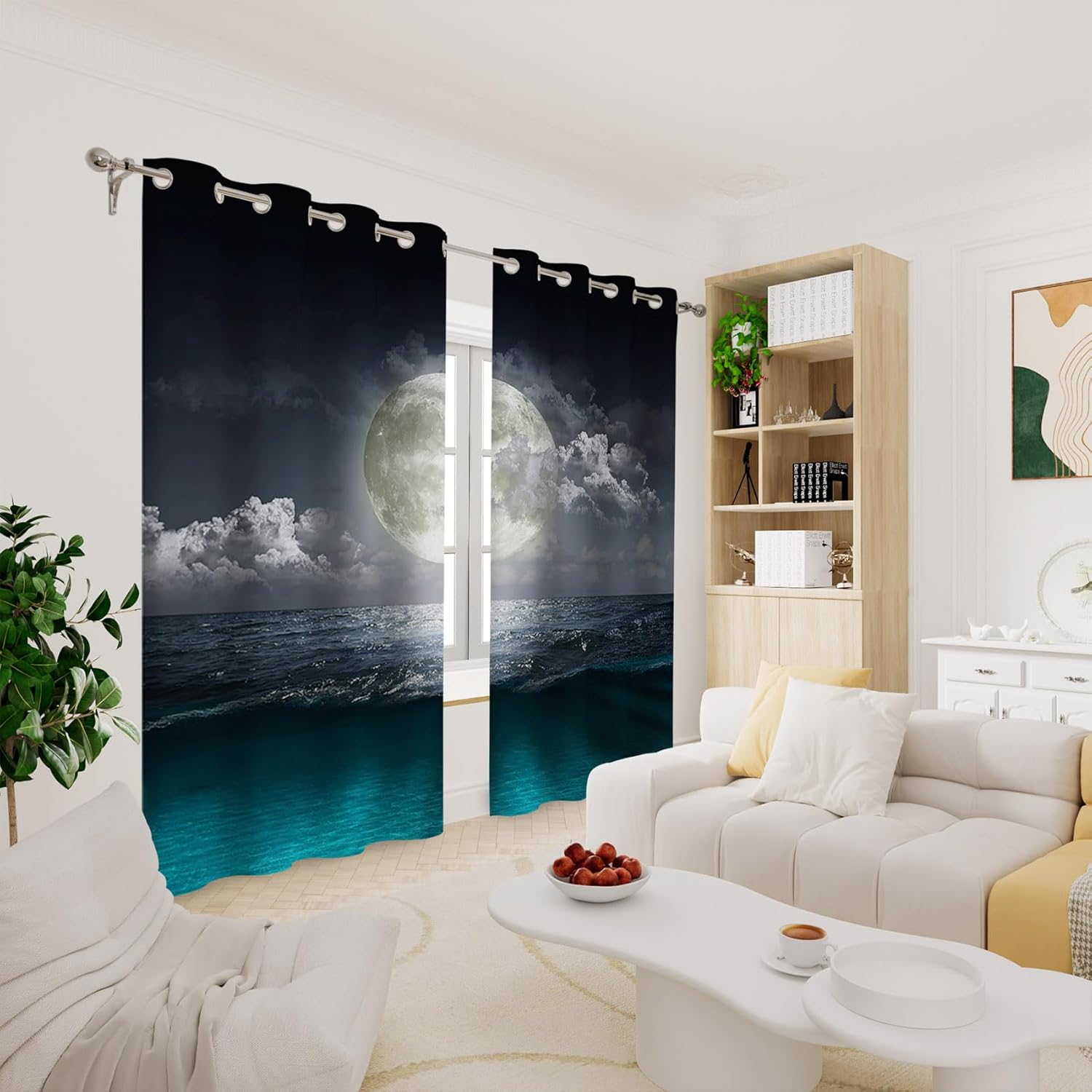 Renaiss Full Moon Ocean Blackout Curtains Night Scenery Window Drapes for Bedroom Sea Level Landscape Window Curtains for Bedroom Living Room Set of 2 Panels 29W x 55L
