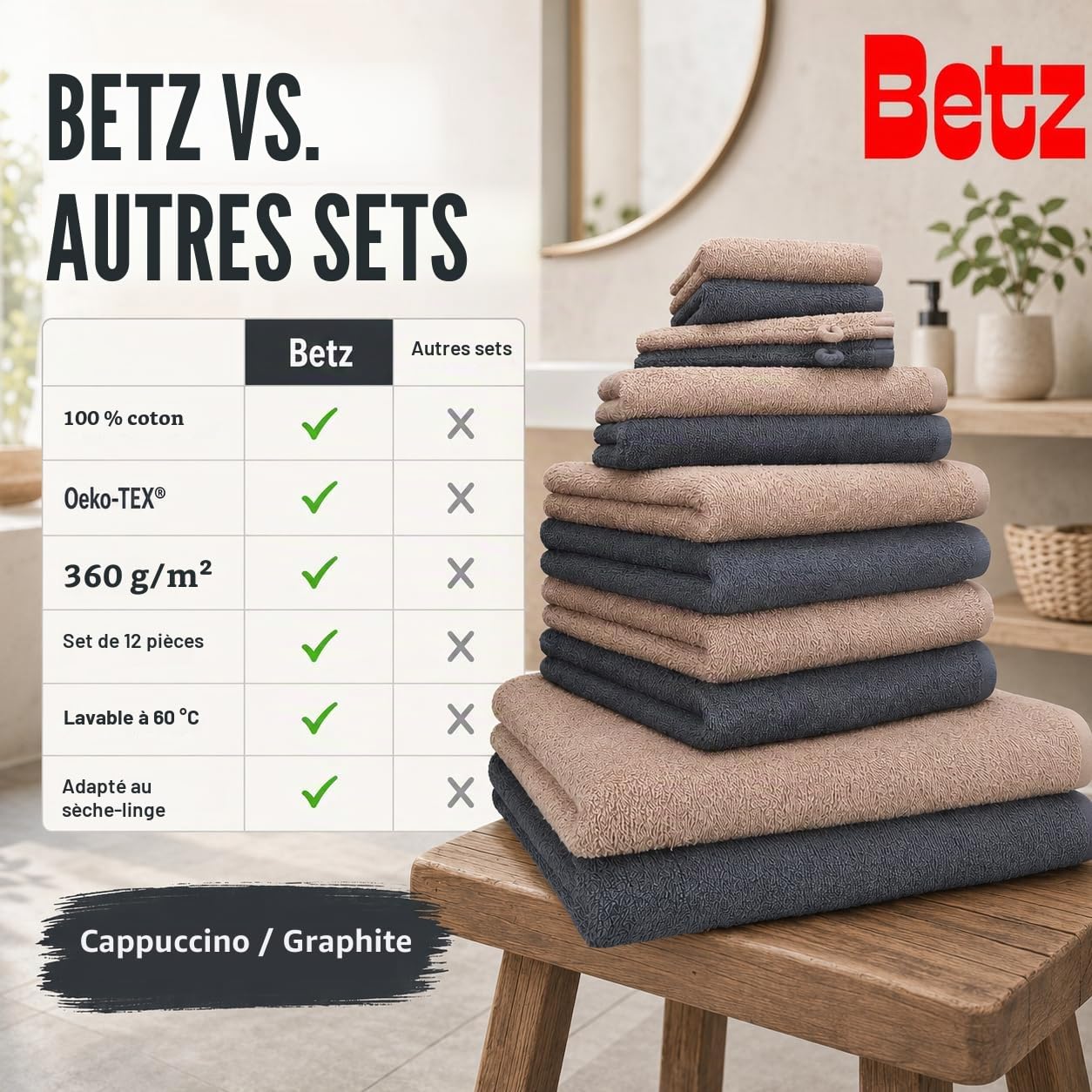 Betz Lot de 12 Serviettes Berlin 100% Coton 2 draps de Bain 4 Serviettes de Toilette 2 Serviettes d'invité 2 lavettes et 2 Gants Couleur Cappuccino - Graphite