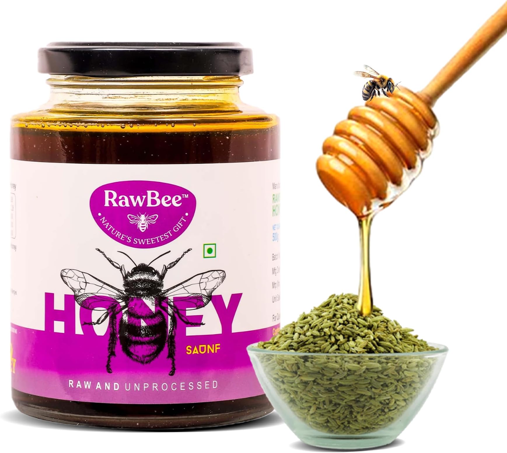 RAWBEE Honey 100% Pure Unprocessed Raw Natural Honey 500 gm NABL Tested Wild Forest Honey Unpasteurized Unfiltered Zero Additives | Zero Added Sugar | For Stronger Immunity (Saunf, 500gm)