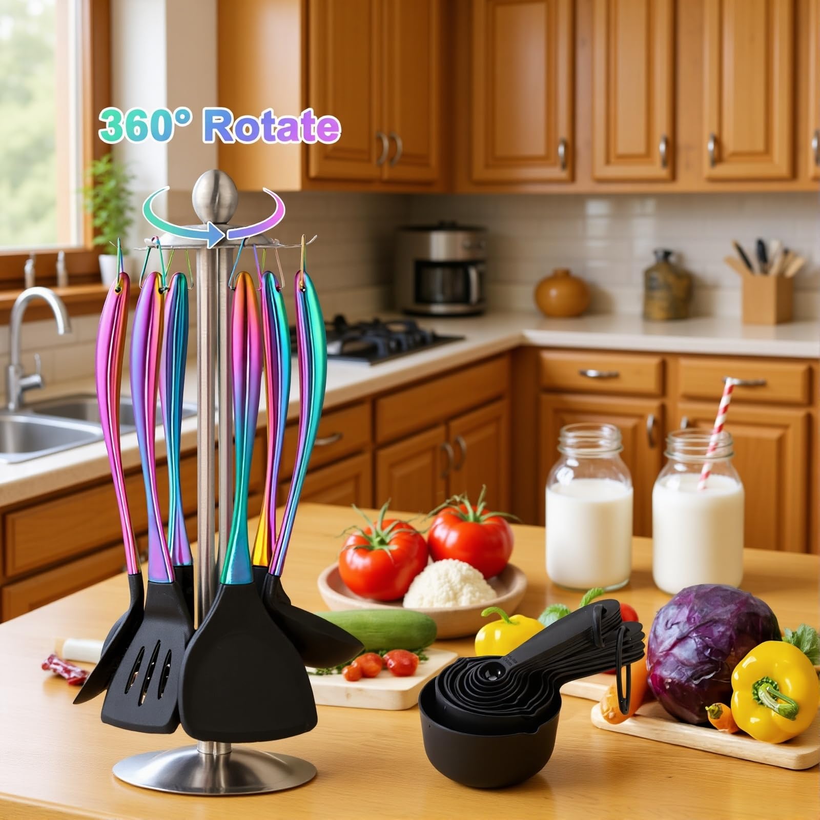 Set di utensili da cucina in silicone, 17 pezzi, con supporto girevole, utensili in silicone resistente al calore, set di spatole antiaderenti con manici in acciaio inox, spatola, mestolo