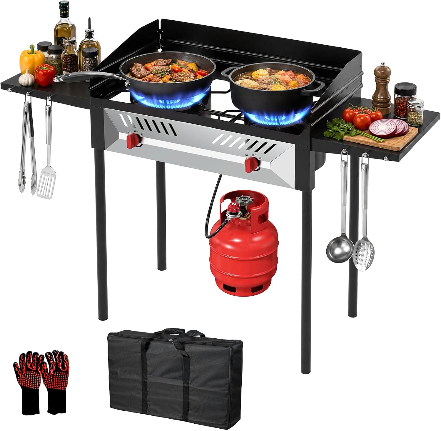 BESTFIRE High Pressure 240k BTU 2 Burner Outdoor Propane Gas Stove | with CSA Certified Hose, Removable Legs&Side Shelves&Wind Shield, Ideal for Camping, Backyard, Free Carrying Bag & Gloves