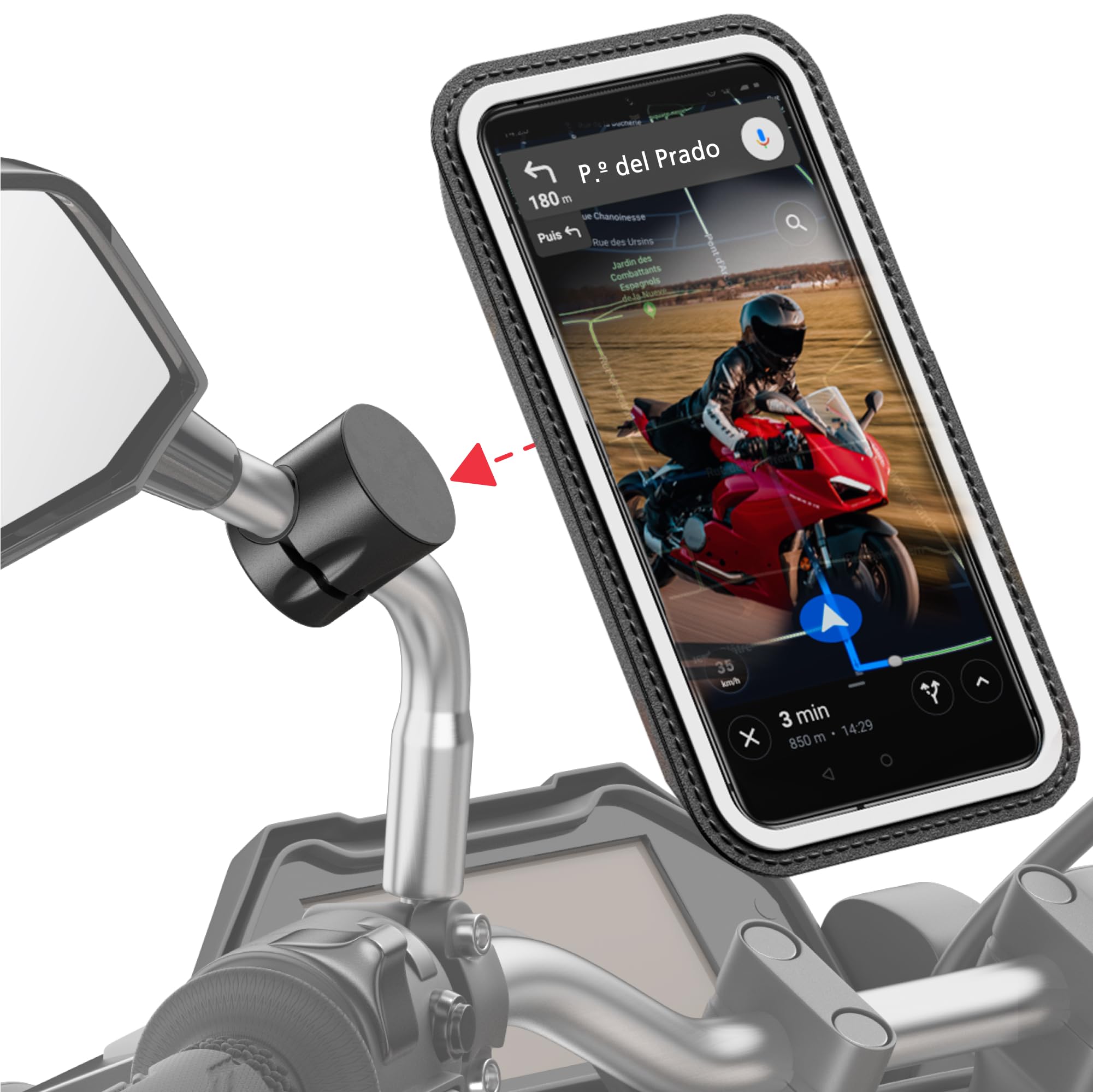 SHAPEHEART Innovación Francesa, Soporte Magnético PRO para Teléfono Scooter y Moto, Bolsa Impermeable Desmontable, Antivibración, Compatible con Cualquier Espejo Retrovisor