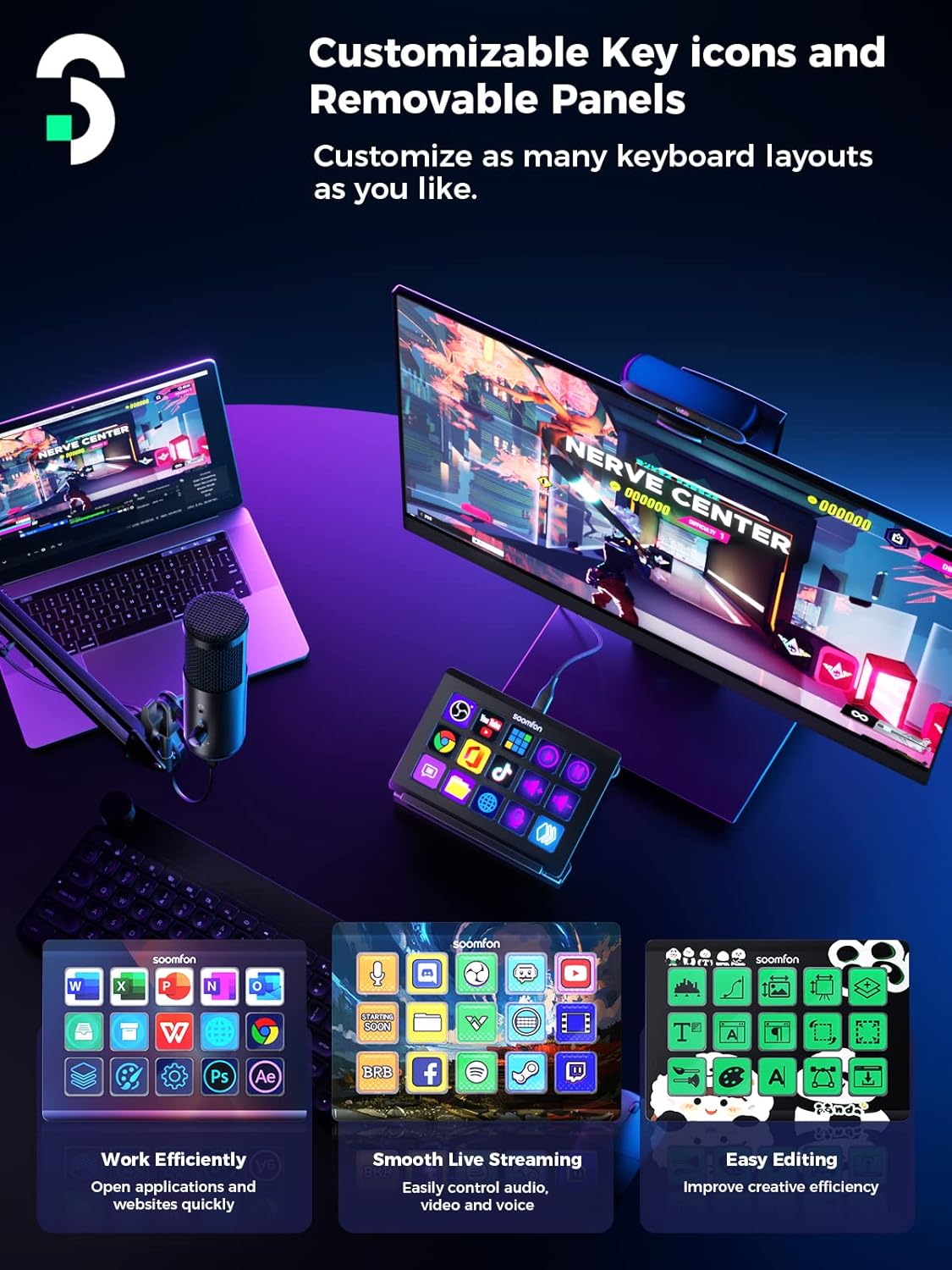 SOOMFON Stream Controller showing customizable key icons and removable panels