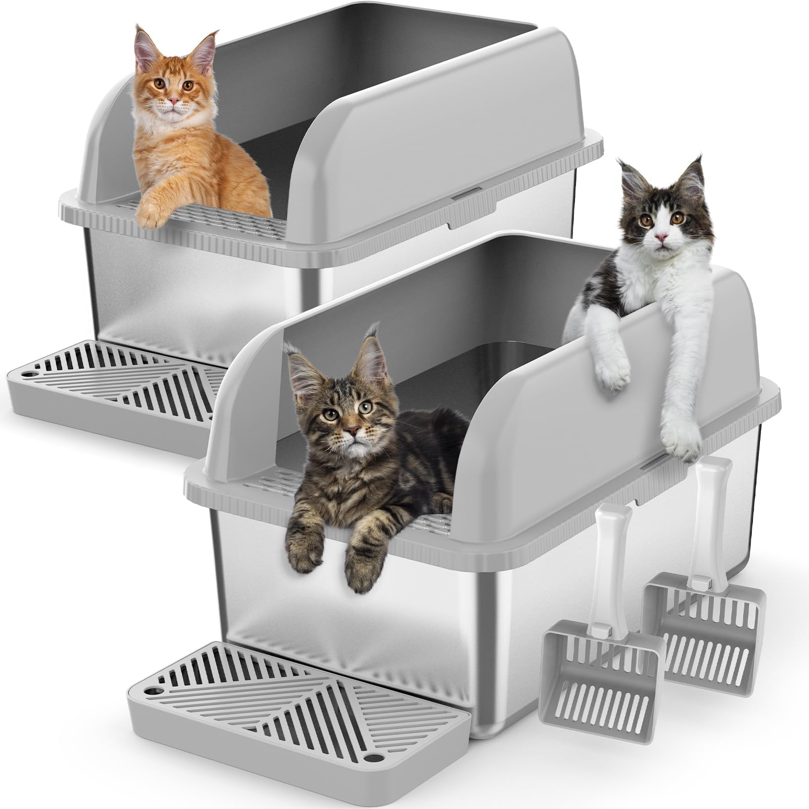 2 Pack 8" Deep Stainless Steel Litter Tray, Extra Large & Deep Stainless Steel Cat Litter Tray for Multipul Cats, Metal Cat Litter Box with Anti-Leakage High Wall, Cat Box Easy Cleaning